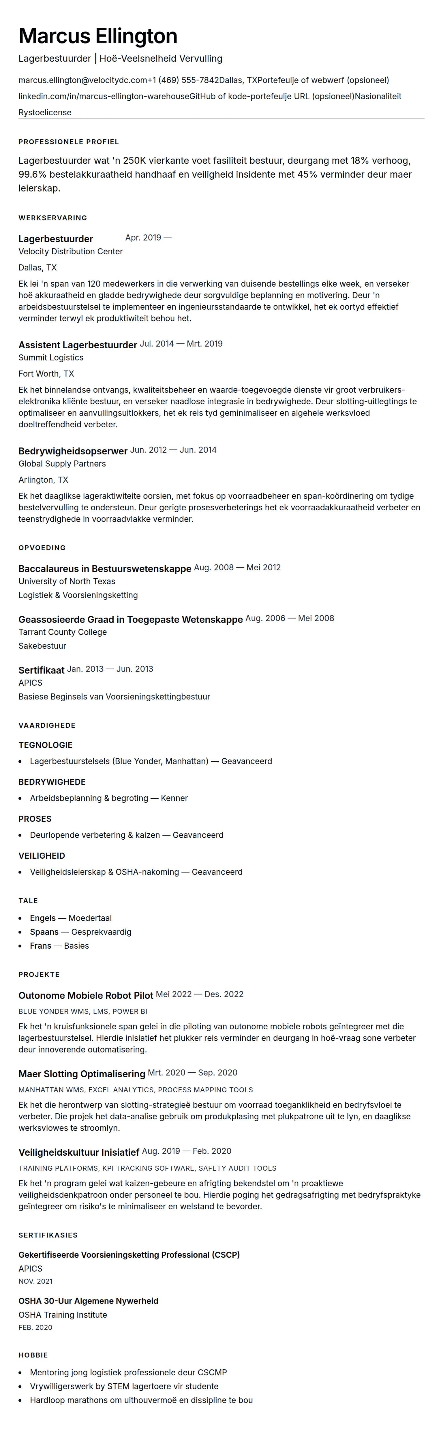 Leweensbeskrywing-vooruitskouk vir Lagerbestuurder Lewensloop Voorbeeld