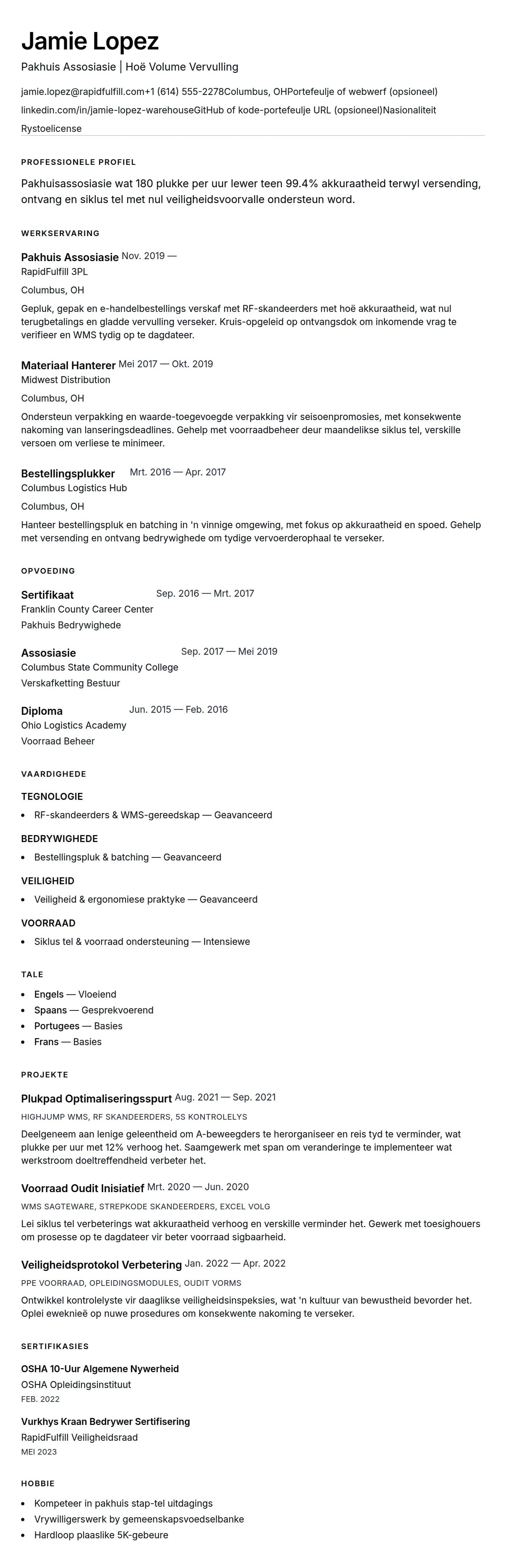 Leweensbeskrywing-vooruitskouk vir Pakhuiswerker CV Voorbeeld