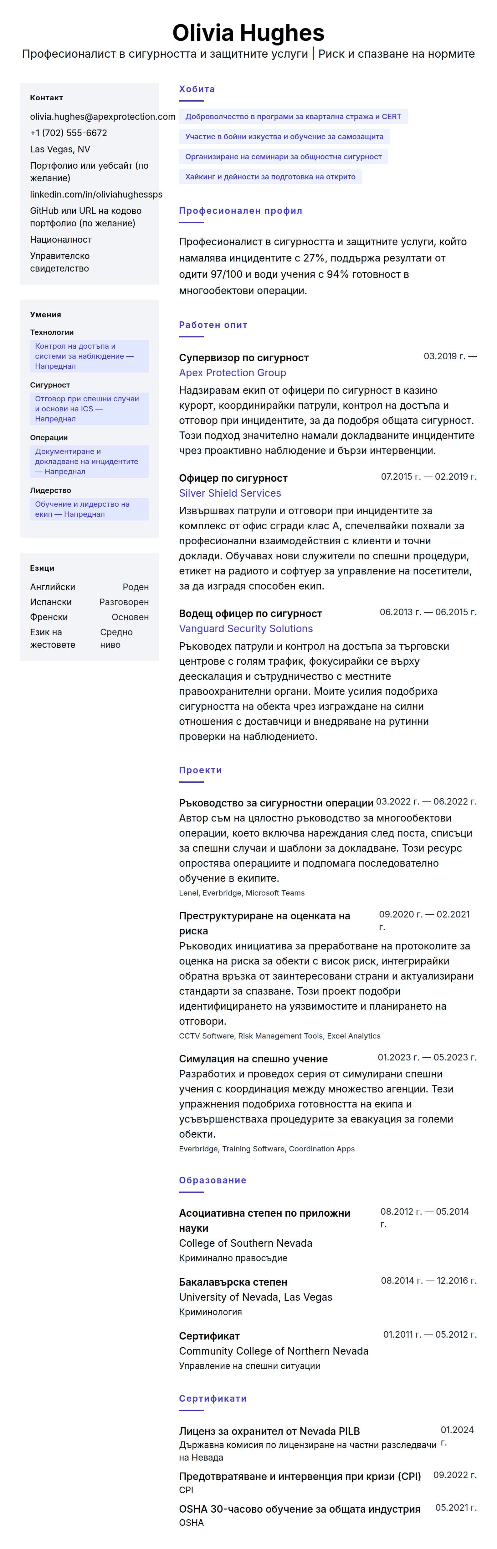 Преглед на резюме за Пример за резюме на професионалист в сигурността и защитните услуги