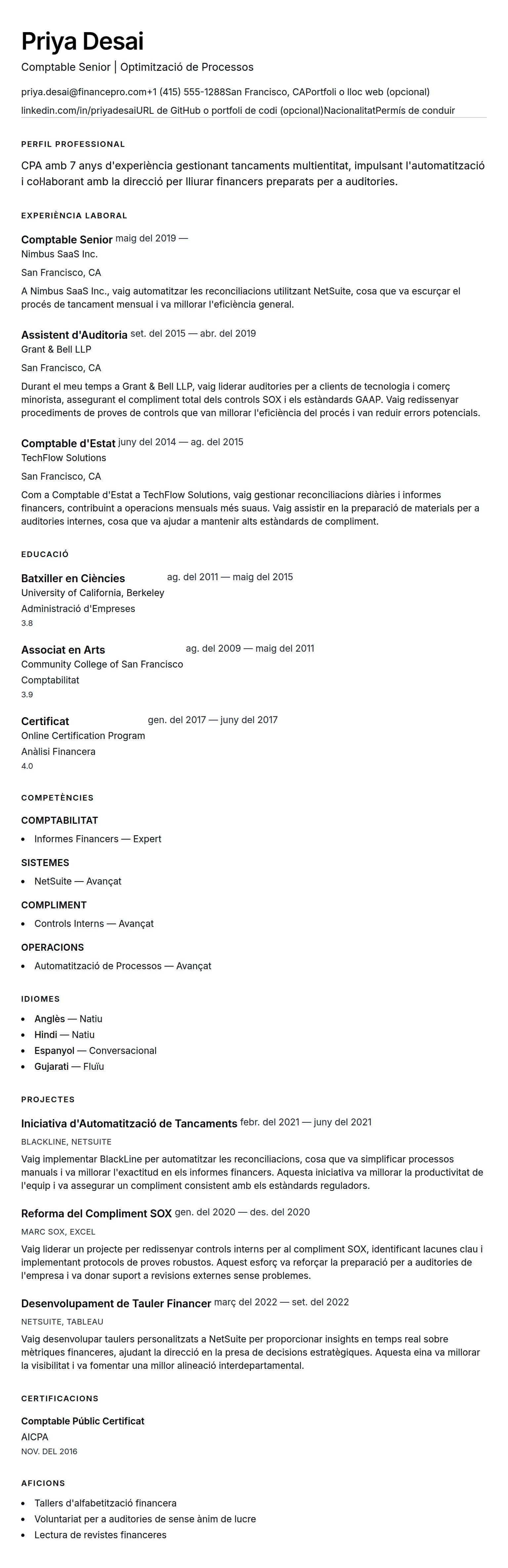 Previsualització del currículum per a Exemple de Currículum de Comptable