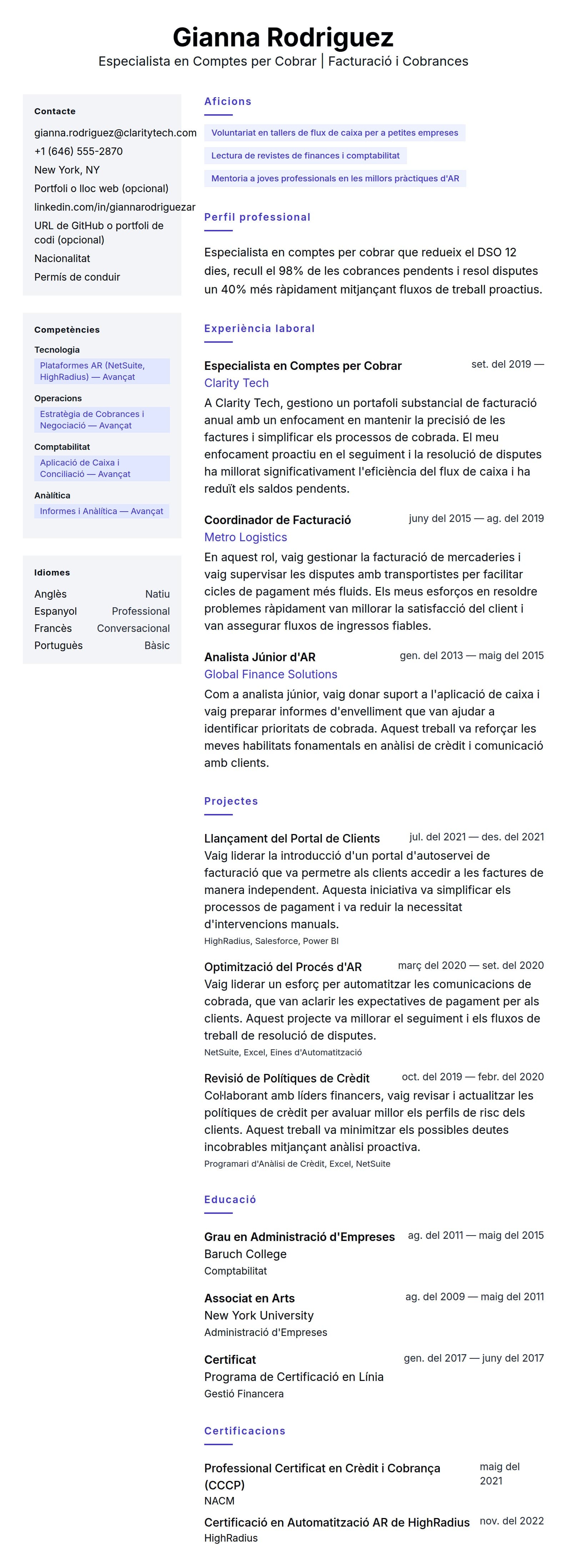 Previsualització del currículum per a Exemple de Currículum d'Especialista en Comptes per Cobrar