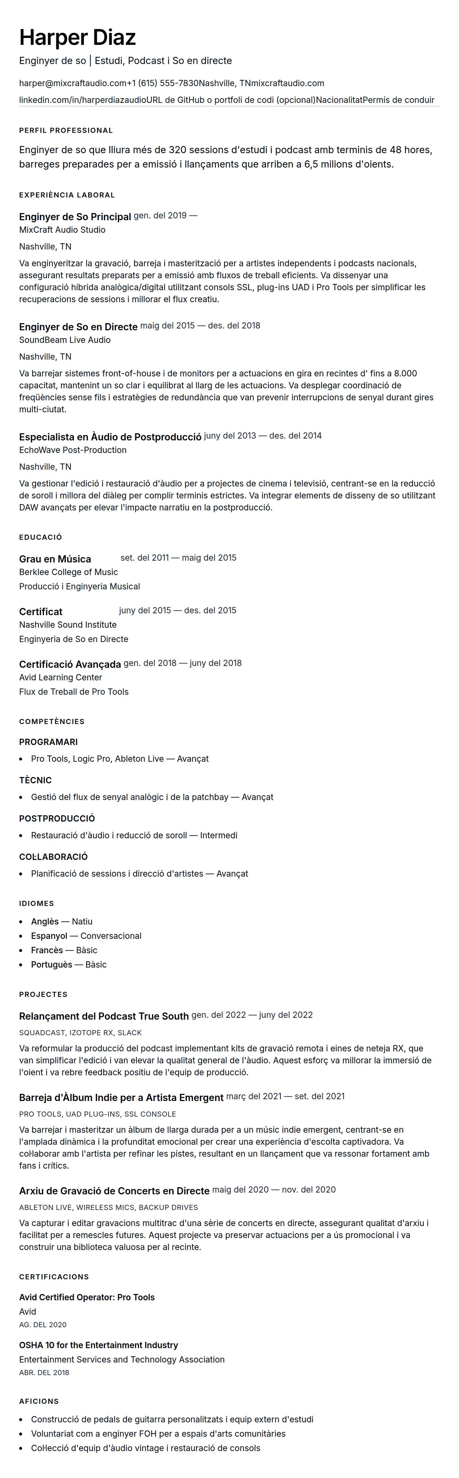 Previsualització del currículum per a Exemple de currículum d'enginyer de so
