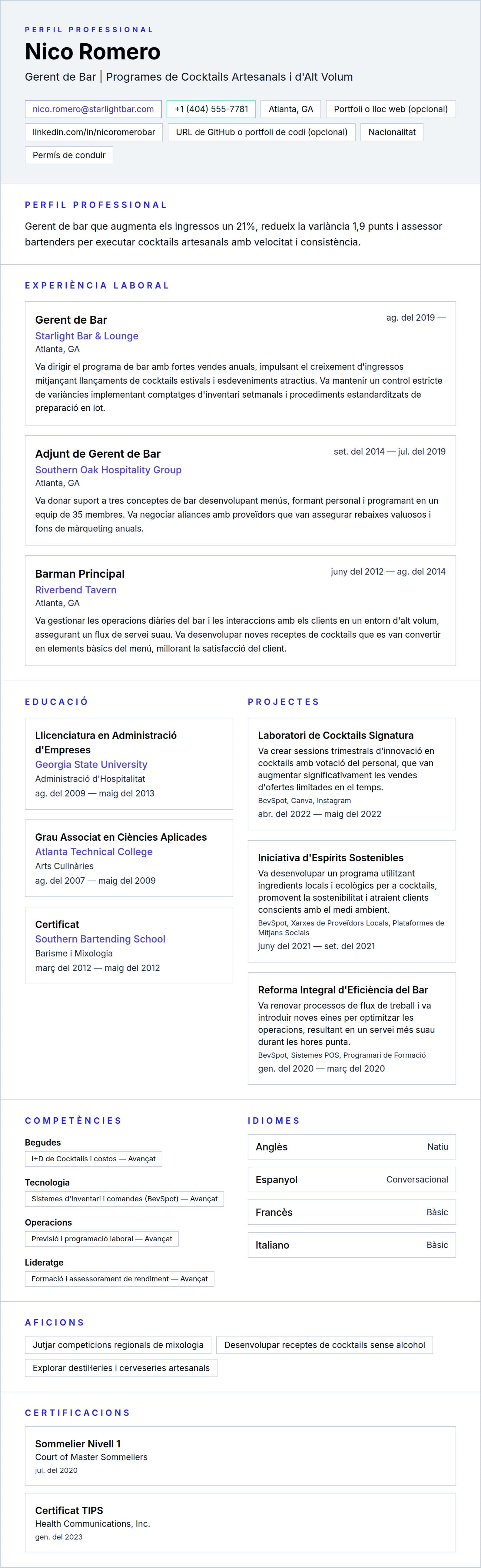 Previsualització del currículum per a Exemple de Currículum de Gerent de Bar