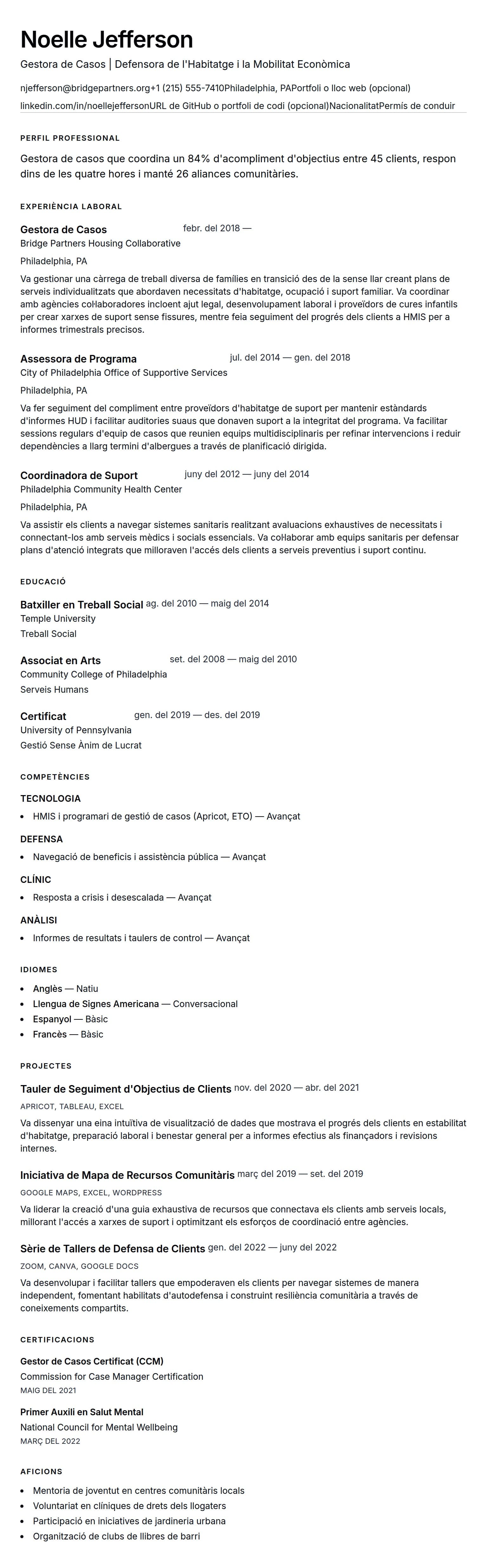 Previsualització del currículum per a Exemple de Currículum de Gestor de Casos