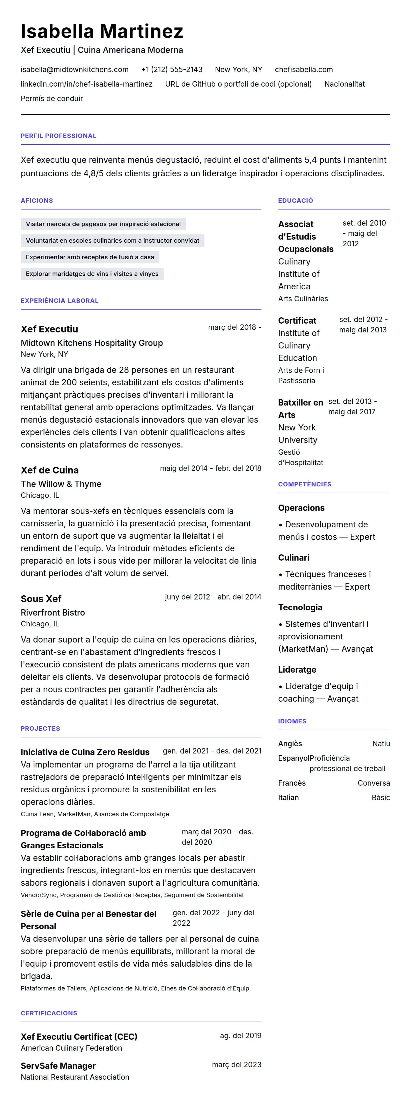 Previsualització del currículum per a Exemple de currículum de xef