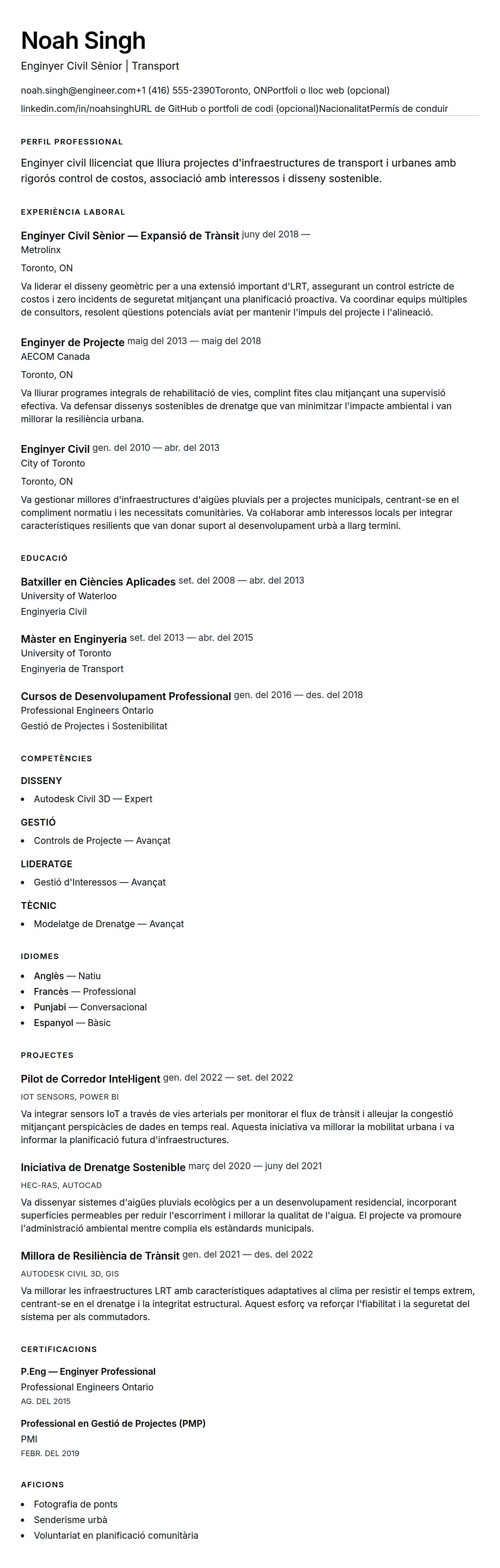 Previsualització del currículum per a Exemple de Currículum d'Enginyer Civil