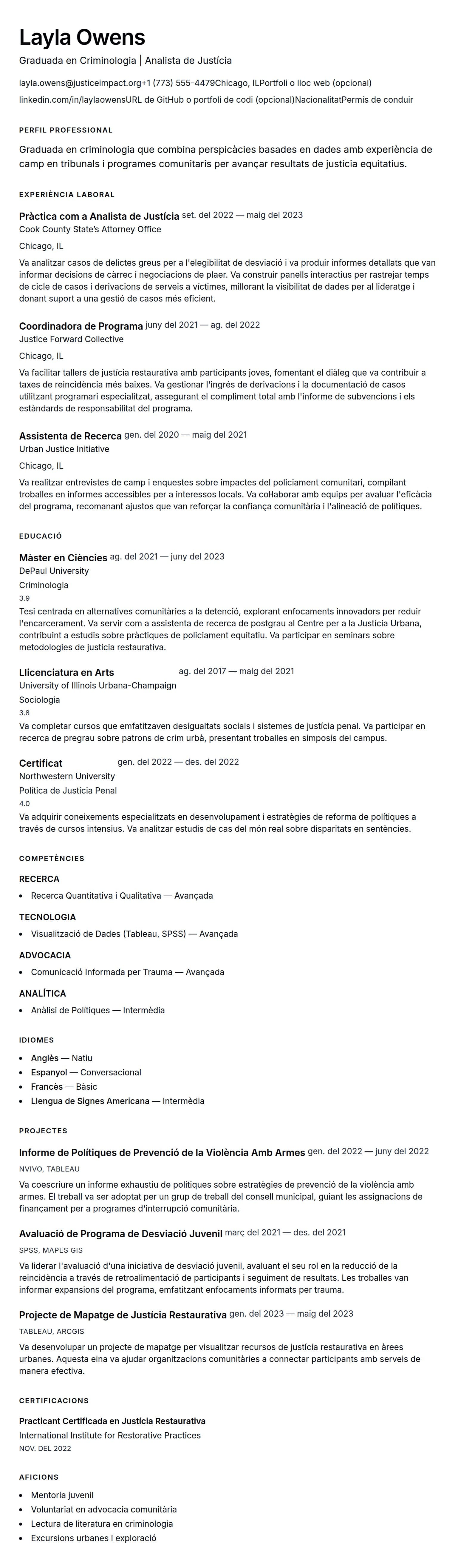 Previsualització del currículum per a Exemple de Currículum de Graduada en Criminologia