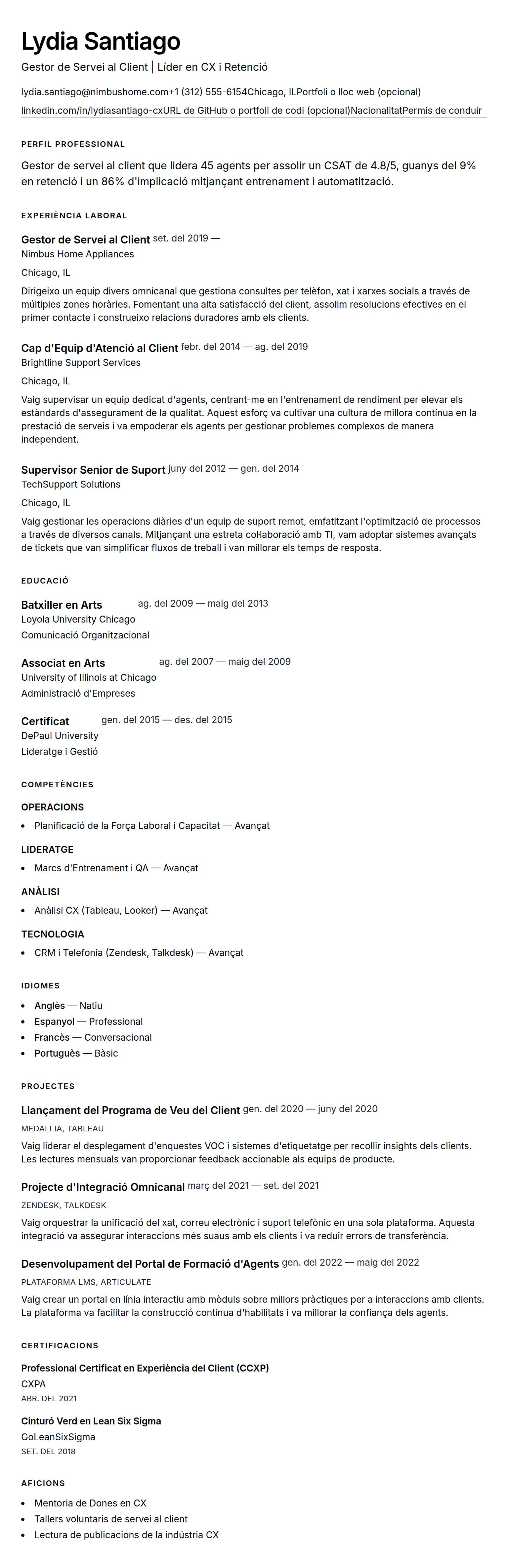 Previsualització del currículum per a Exemple de Currículum de Gestor de Servei al Client