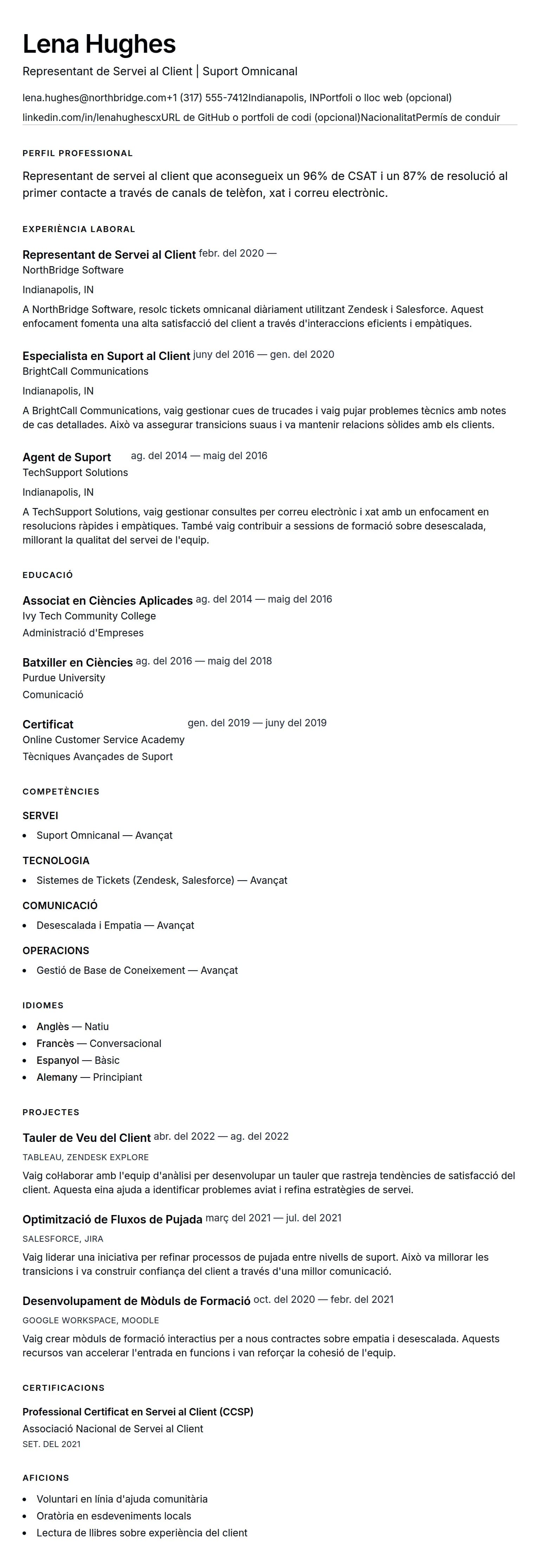 Previsualització del currículum per a Exemple de Currículum de Representant de Servei al Client