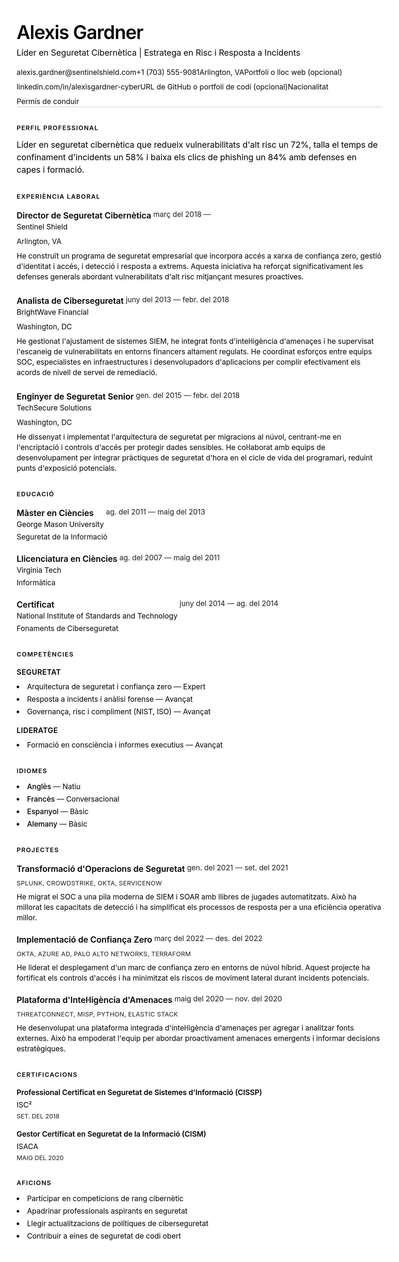 Previsualització del currículum per a Exemple de Currículum de Professional en Seguretat Cibernètica