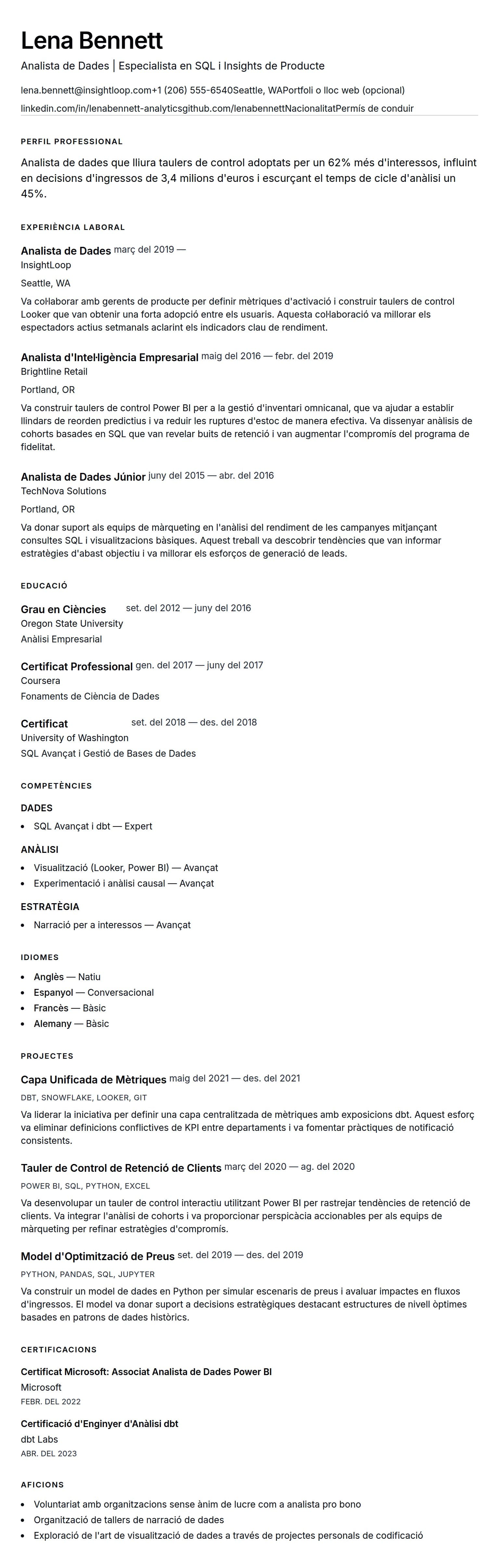Previsualització del currículum per a Exemple de Currículum d'Analista de Dades