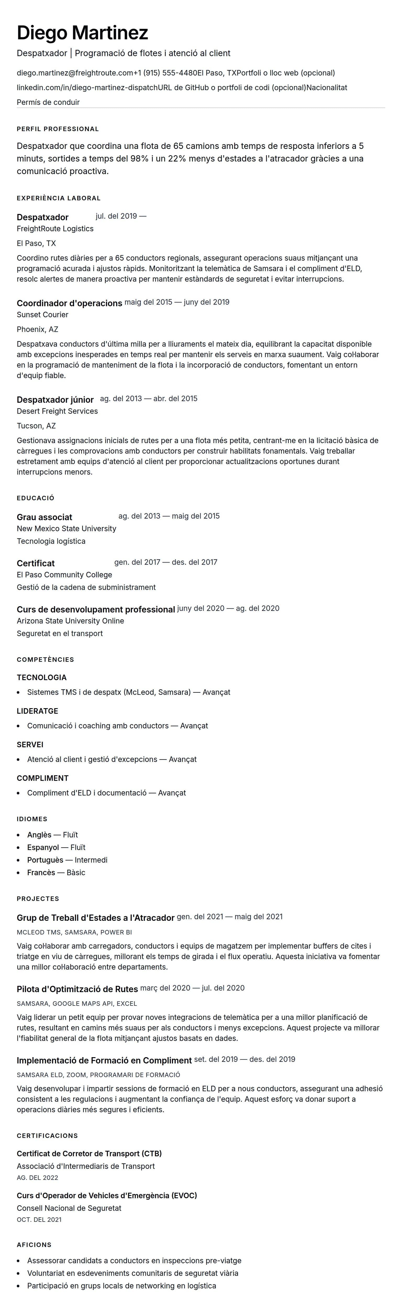 Previsualització del currículum per a Exemple de currículum de despatxador