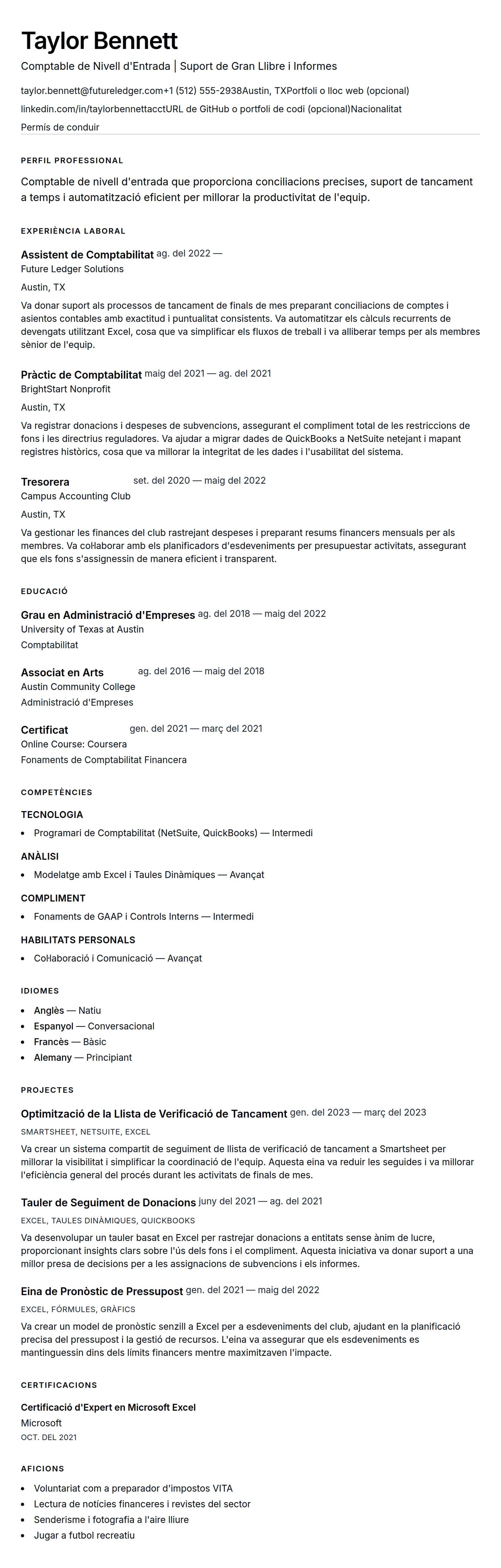 Previsualització del currículum per a Exemple de Currículum de Comptable de Nivell d'Entrada