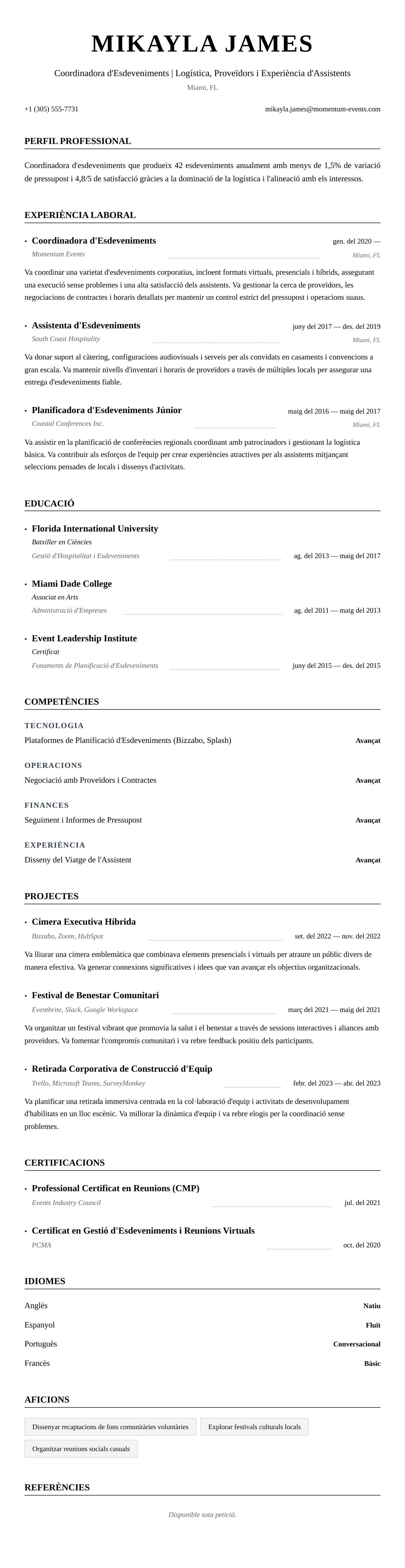 Previsualització del currículum per a Exemple de Currículum de Coordinador d'Esdeveniments