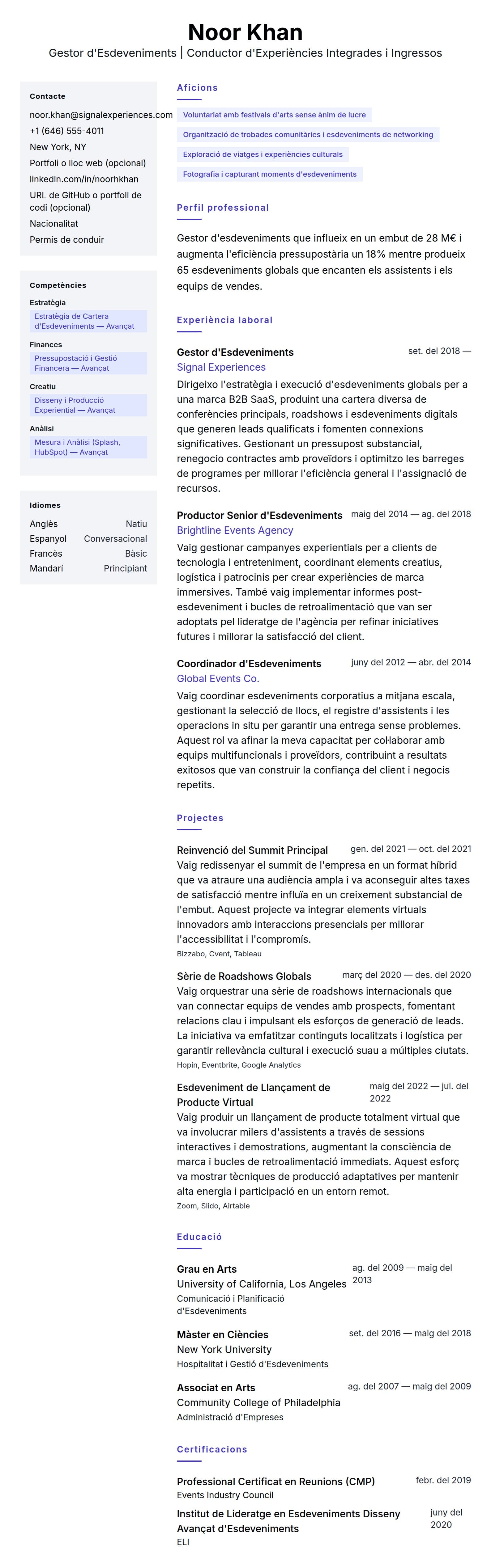 Previsualització del currículum per a Exemple de Currículum de Gestor d'Esdeveniments