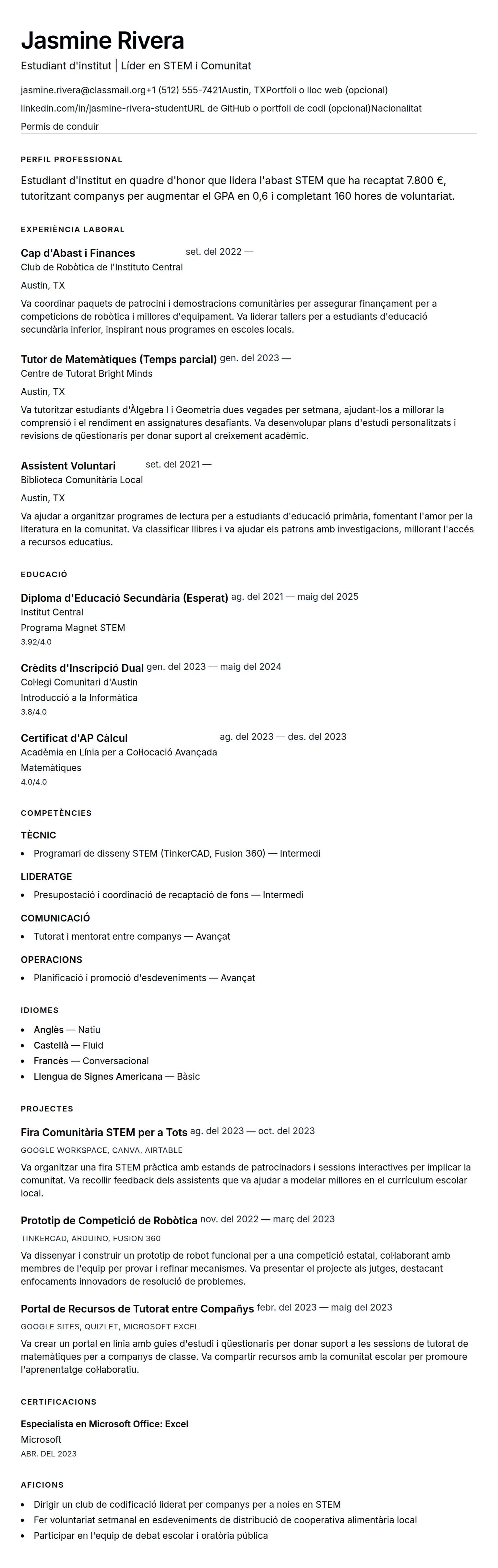Previsualització del currículum per a Exemple de currículum d'estudiant d'institut