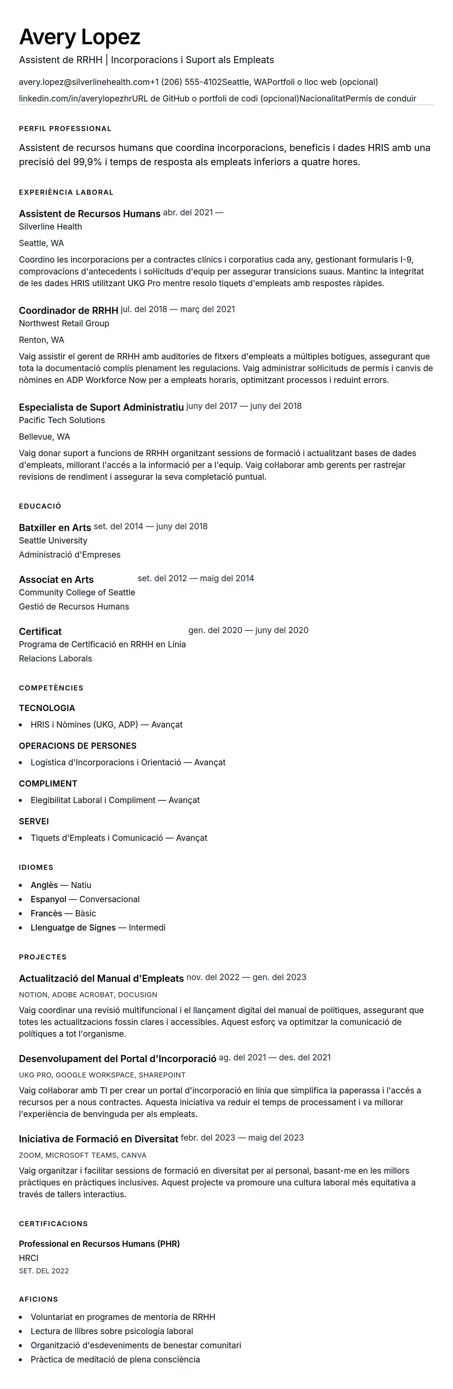 Previsualització del currículum per a Exemple de Currículum d'Assistent de Recursos Humans