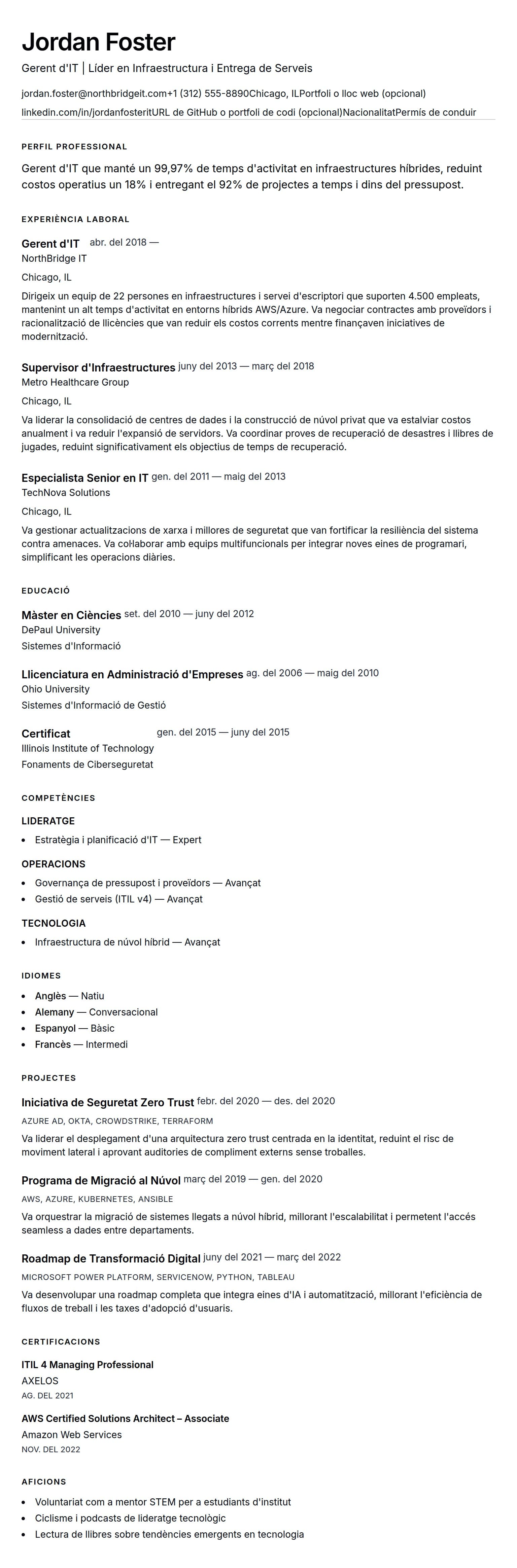 Previsualització del currículum per a Exemple de Currículum de Gerent d'IT