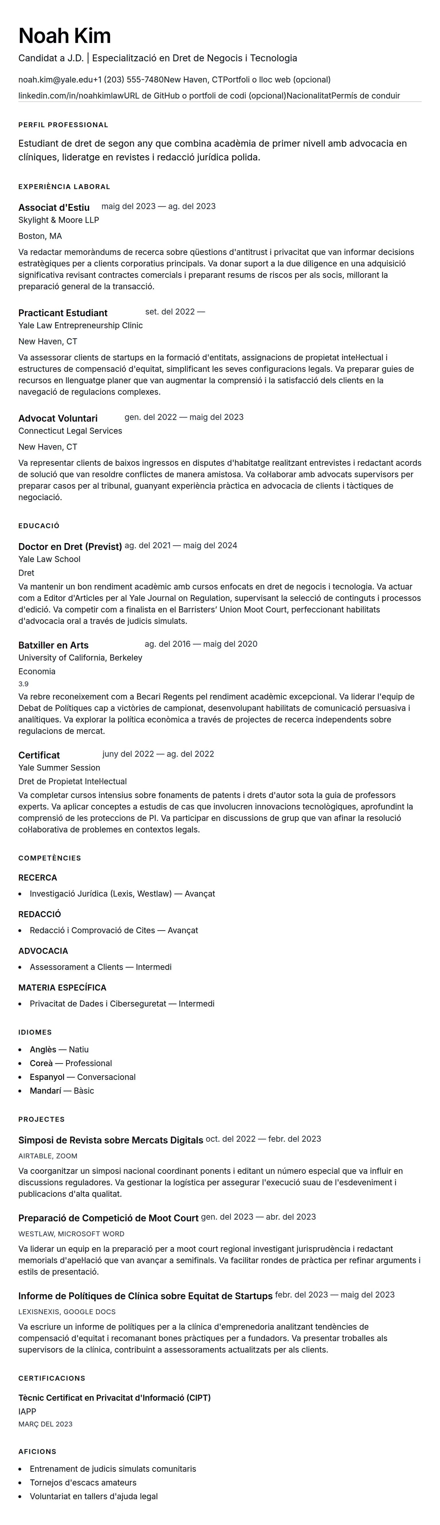 Previsualització del currículum per a Exemple de Currículum d'Estudiant de Dret