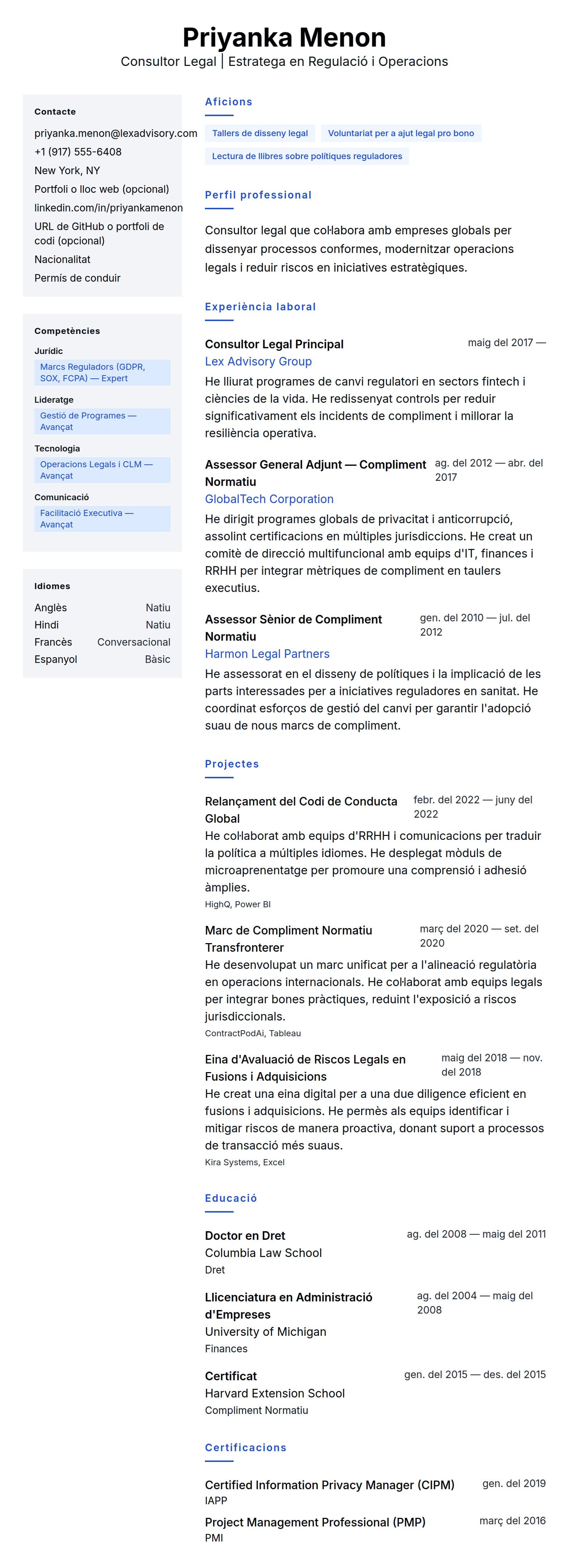 Previsualització del currículum per a Exemple de Currículum de Consultor Legal