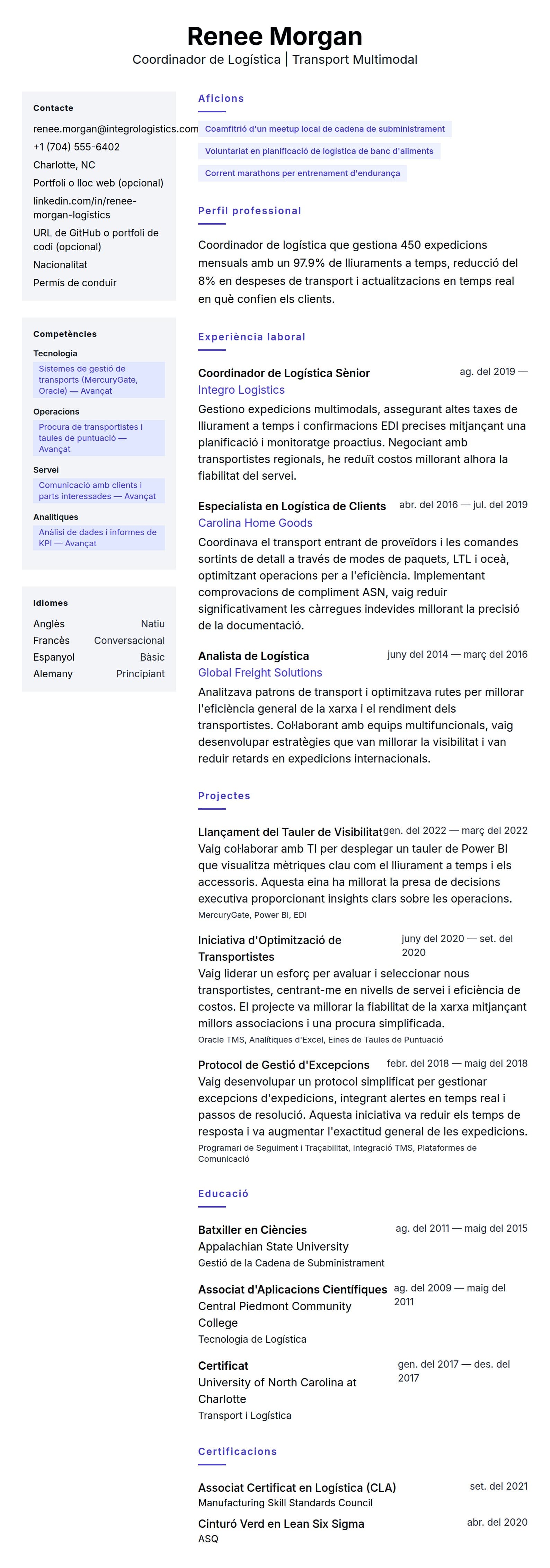 Previsualització del currículum per a Exemple de Currículum de Coordinador de Logística