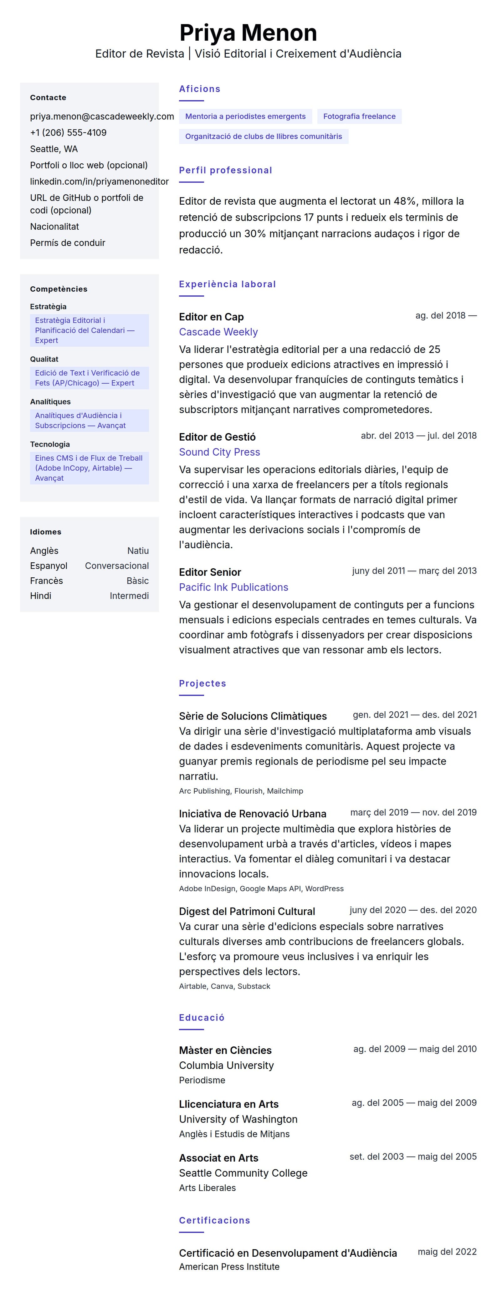 Previsualització del currículum per a Exemple de Currículum d'Editor de Revista
