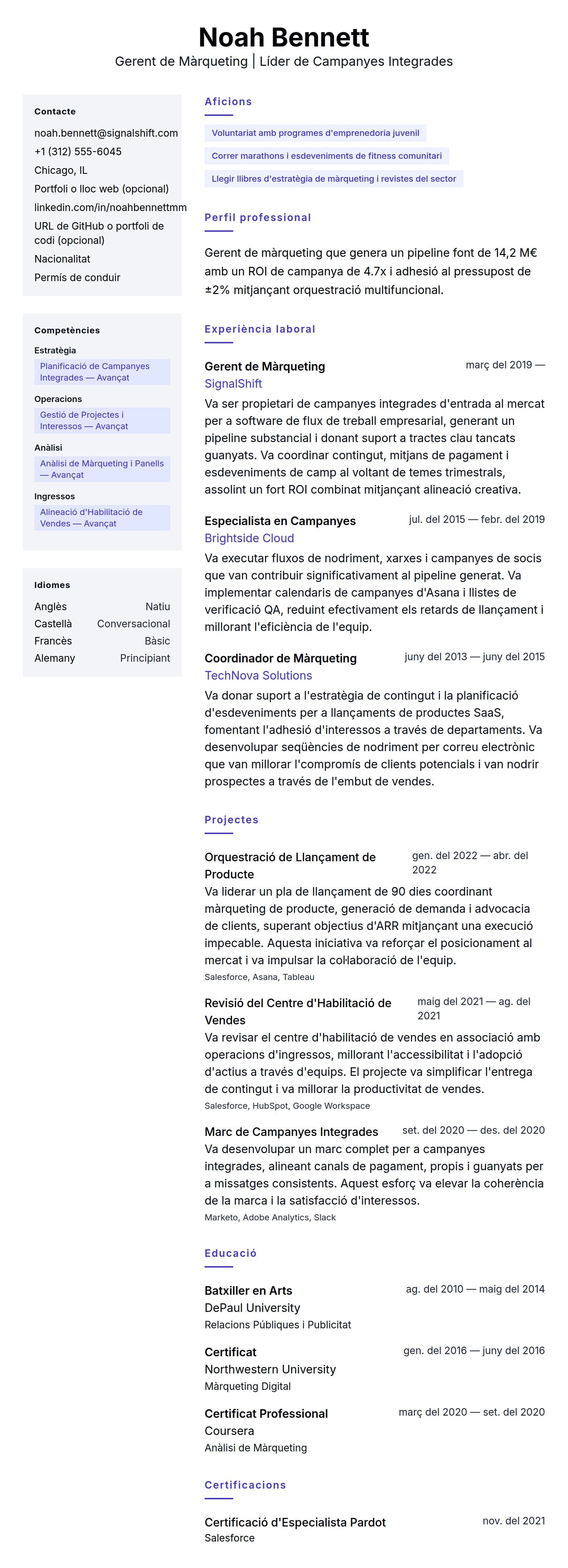 Previsualització del currículum per a Exemple de Currículum de Gerent de Màrqueting