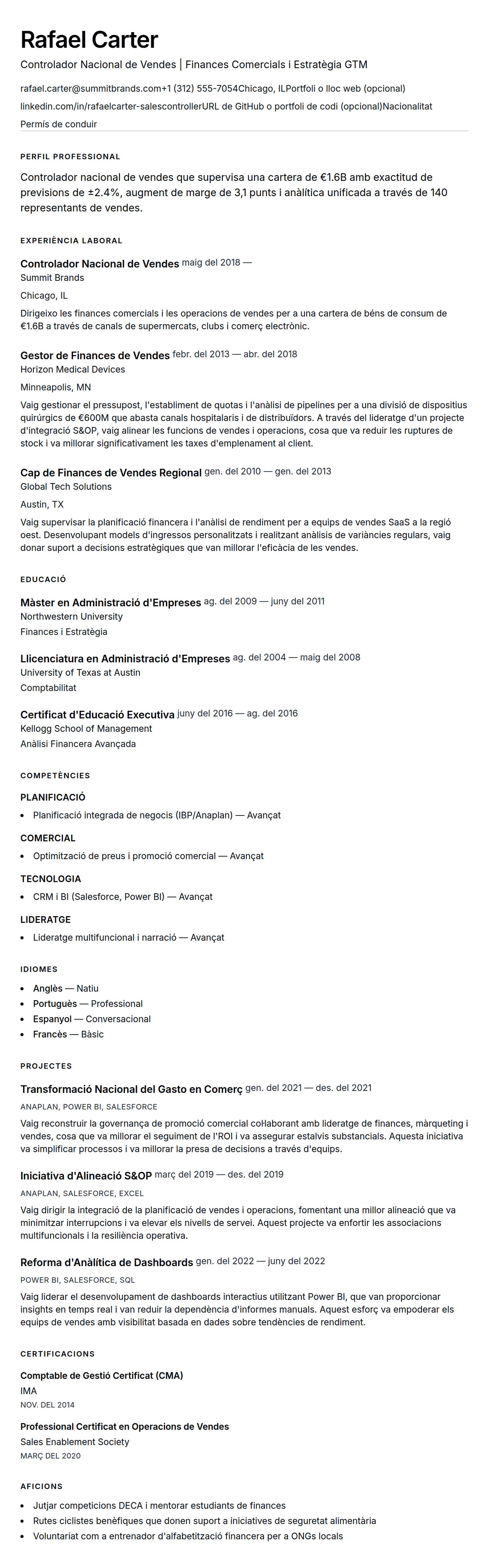 Previsualització del currículum per a Exemple de Currículum de Controlador Nacional de Vendes