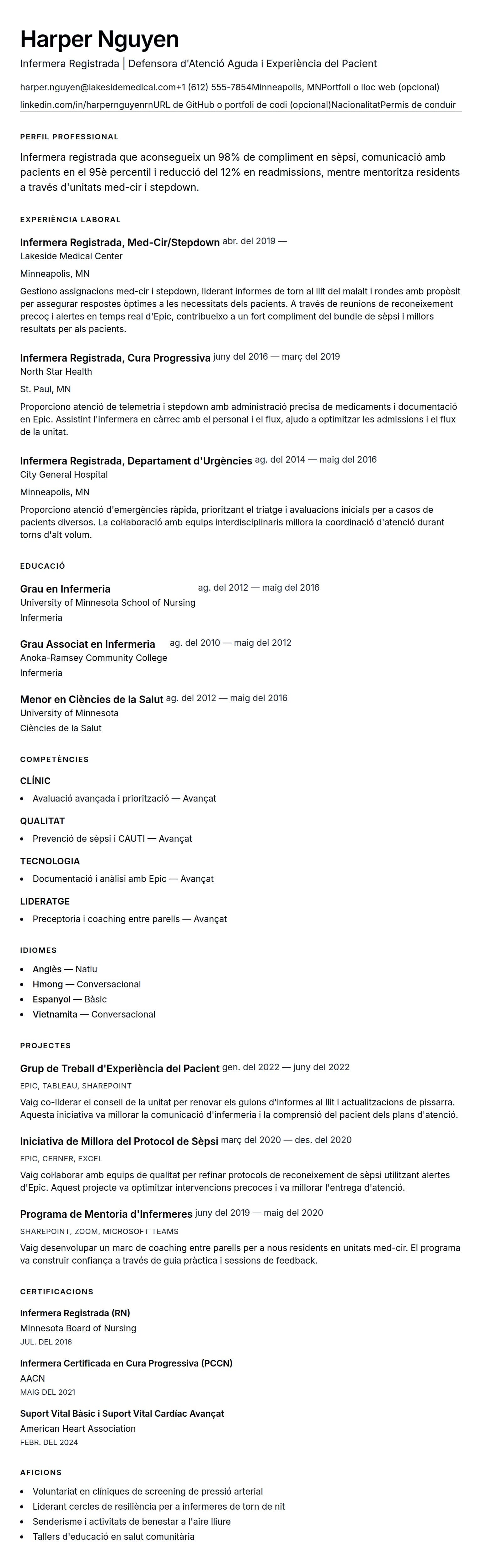 Previsualització del currículum per a Exemple de Currículum d'Infermera