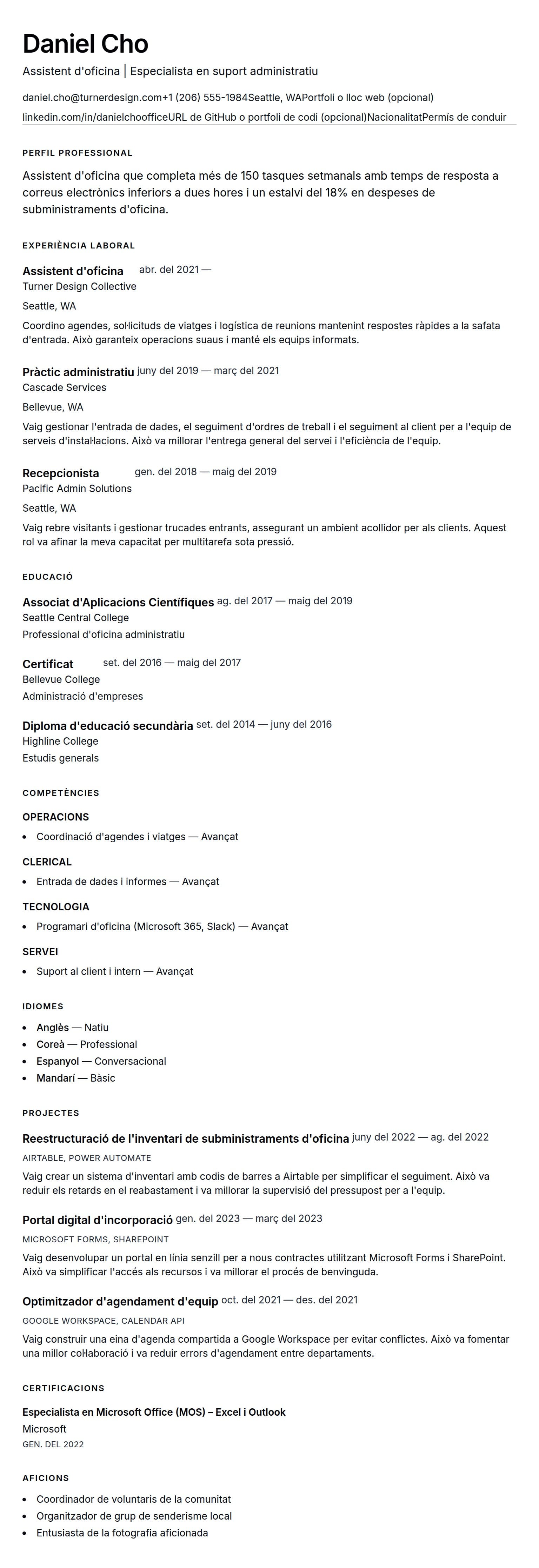 Previsualització del currículum per a Exemple de currículum d'assistent d'oficina