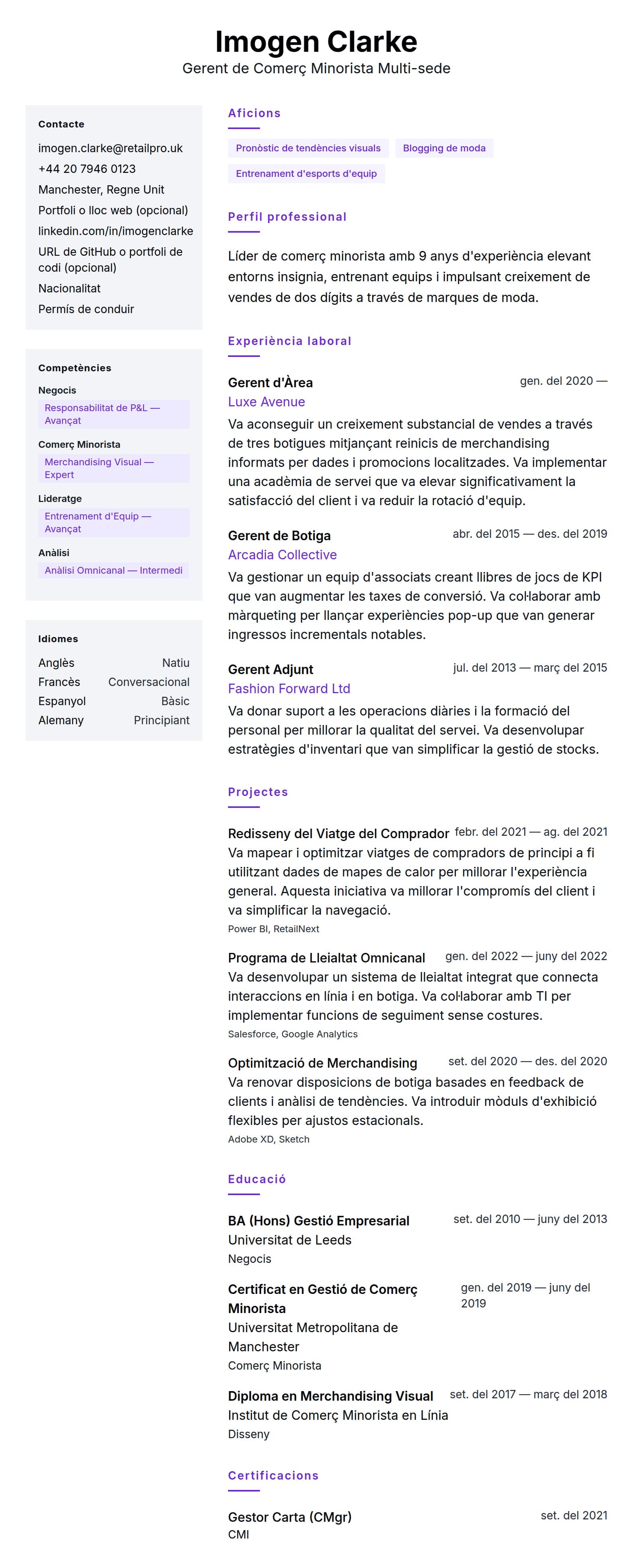 Previsualització del currículum per a Exemple de Currículum de Gerent de Comerç Minorista