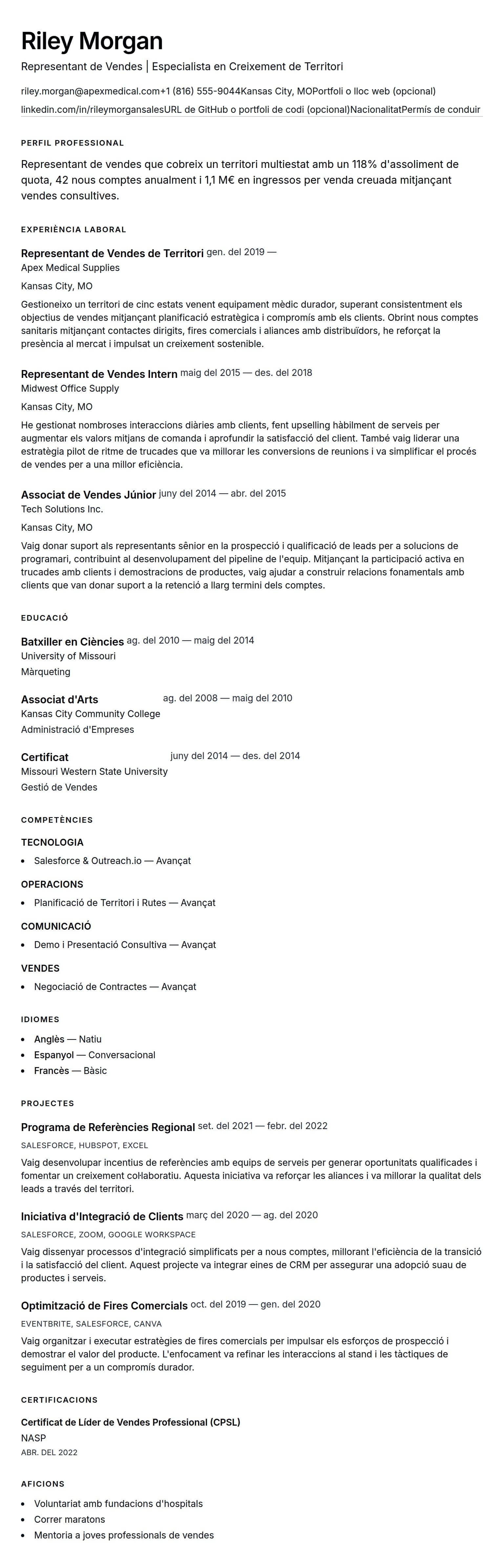 Previsualització del currículum per a Exemple de Currículum de Representant de Vendes