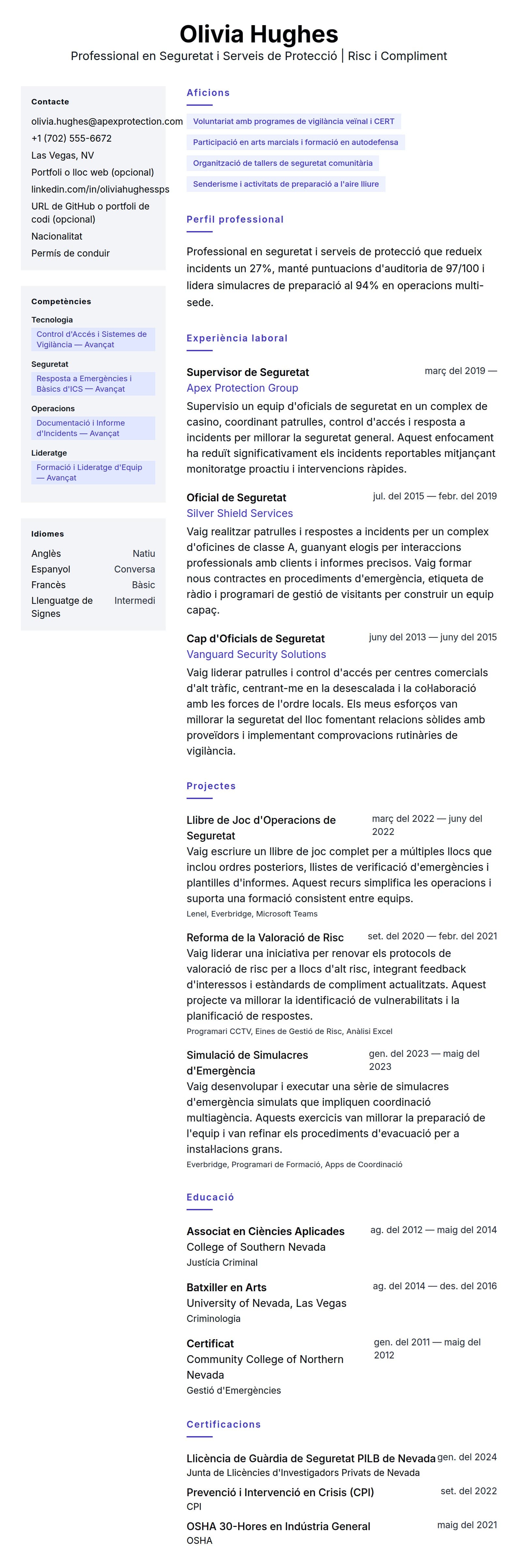 Previsualització del currículum per a Exemple de Currículum de Professional en Seguretat i Serveis de Protecció