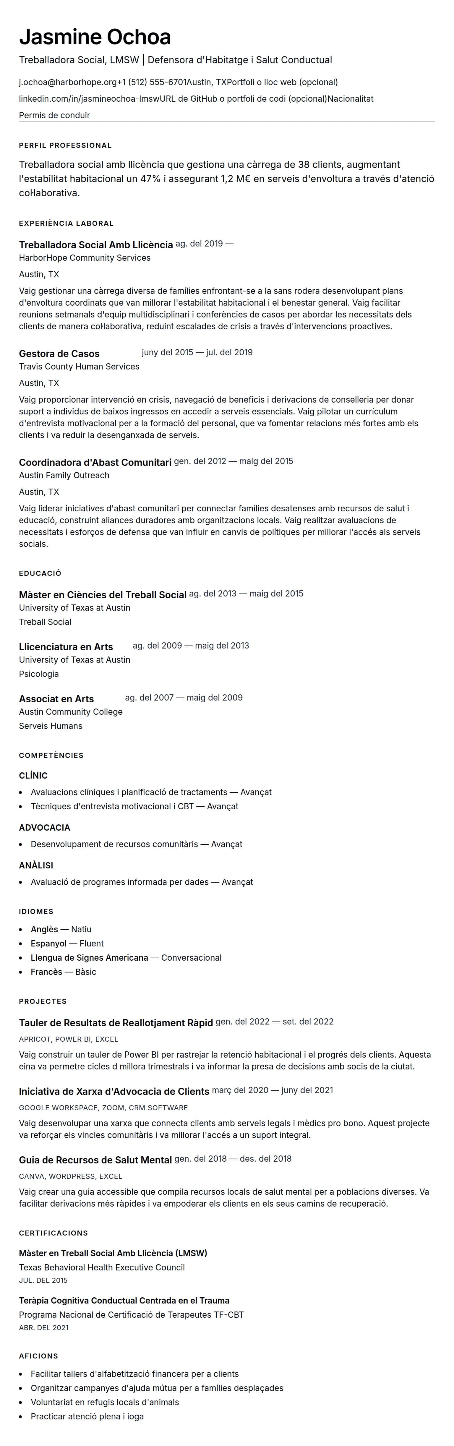 Previsualització del currículum per a Exemple de Currículum de Treballadora Social