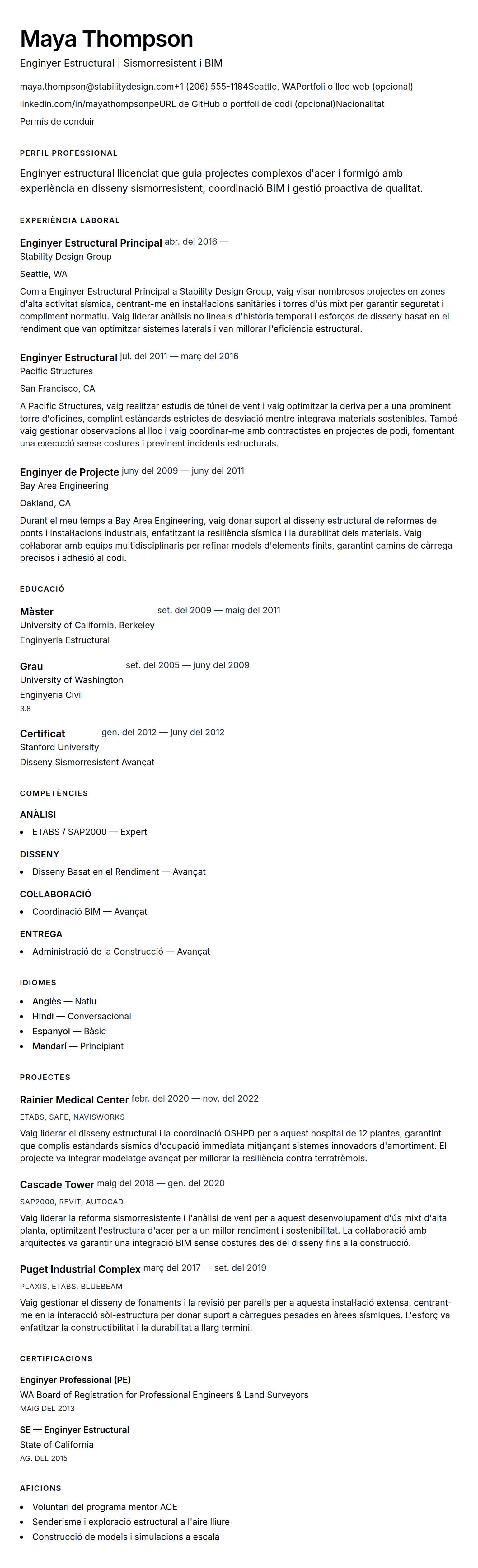 Previsualització del currículum per a Exemple de Currículum d'Enginyer Estructural