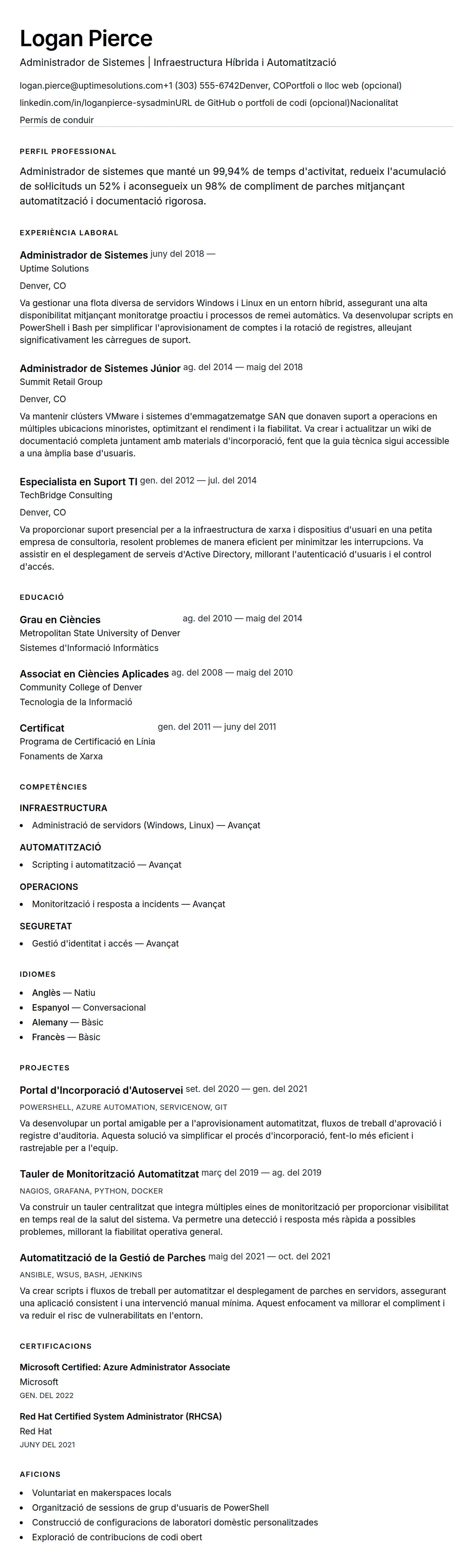Previsualització del currículum per a Exemple de Currículum d'Administrador de Sistemes