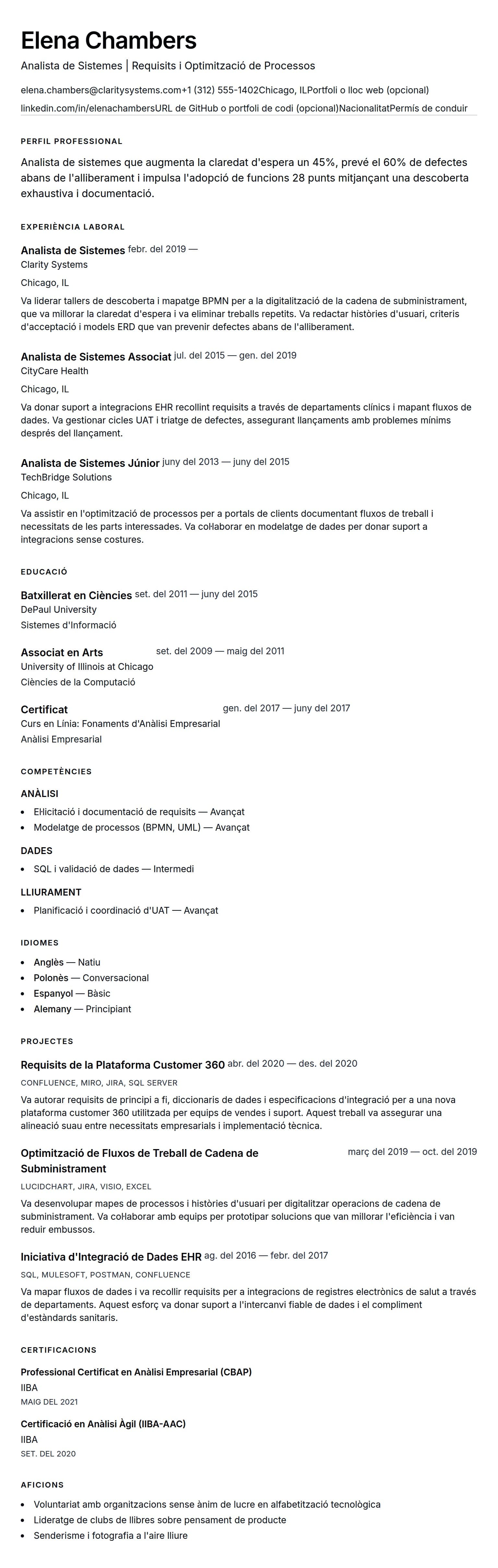 Previsualització del currículum per a Exemple de Currículum d'Analista de Sistemes