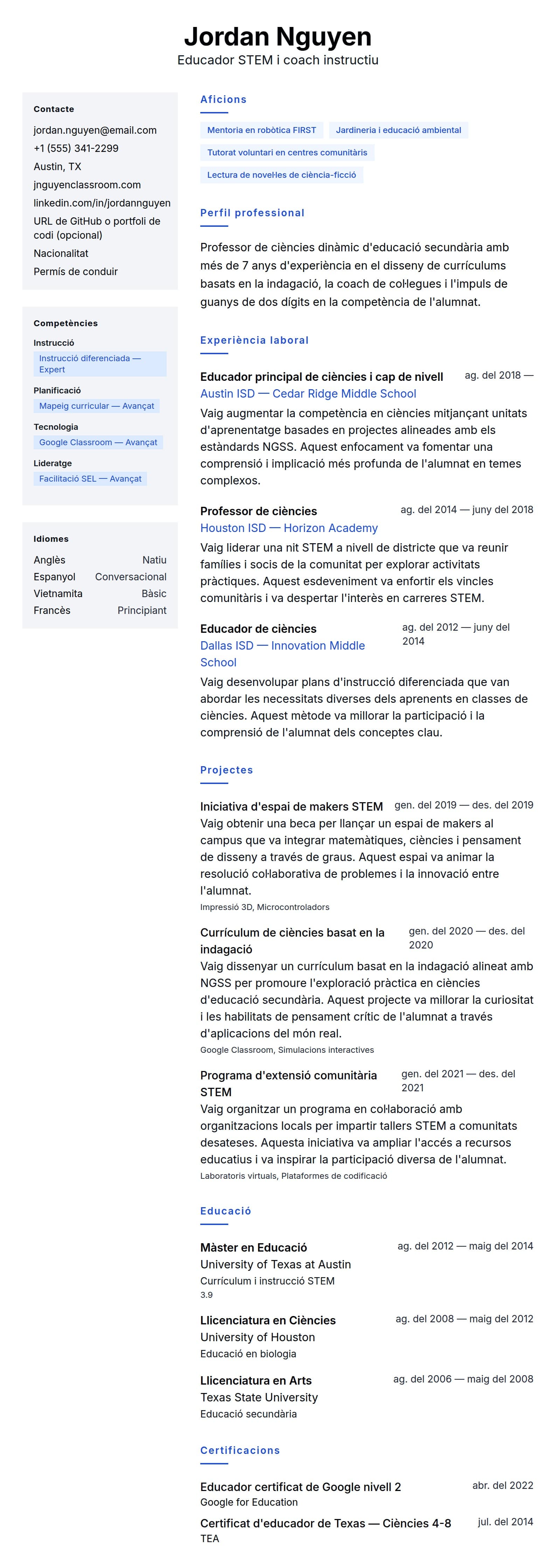 Previsualització del currículum per a Exemple de currículum de professor