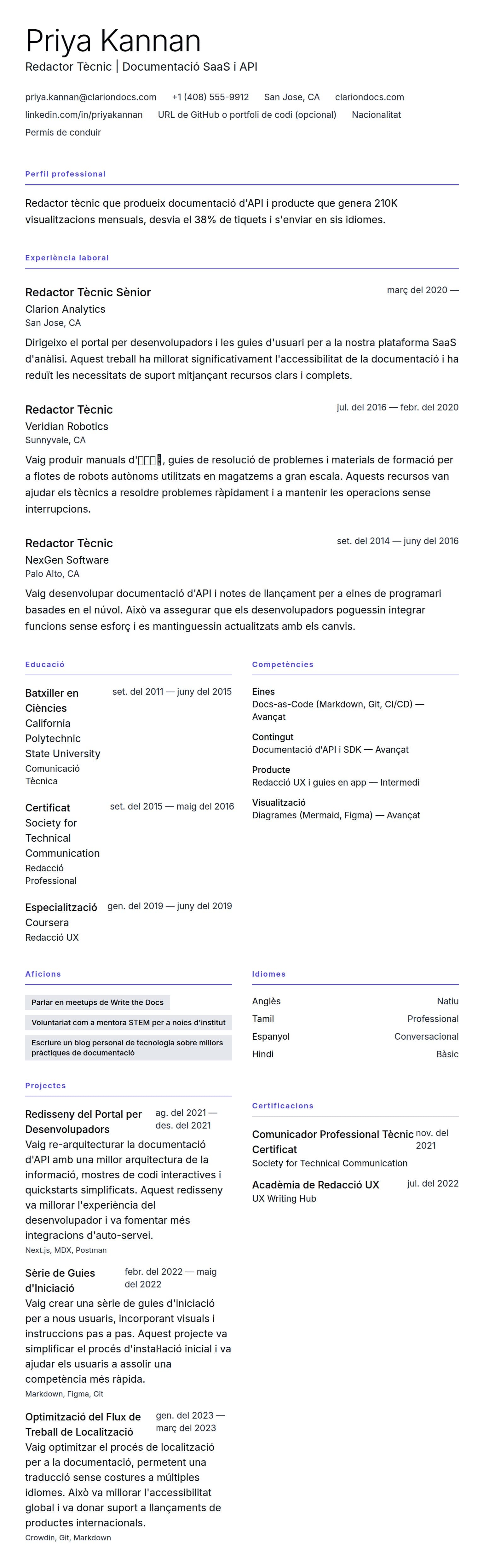 Previsualització del currículum per a Exemple de Currículum de Redactor Tècnic