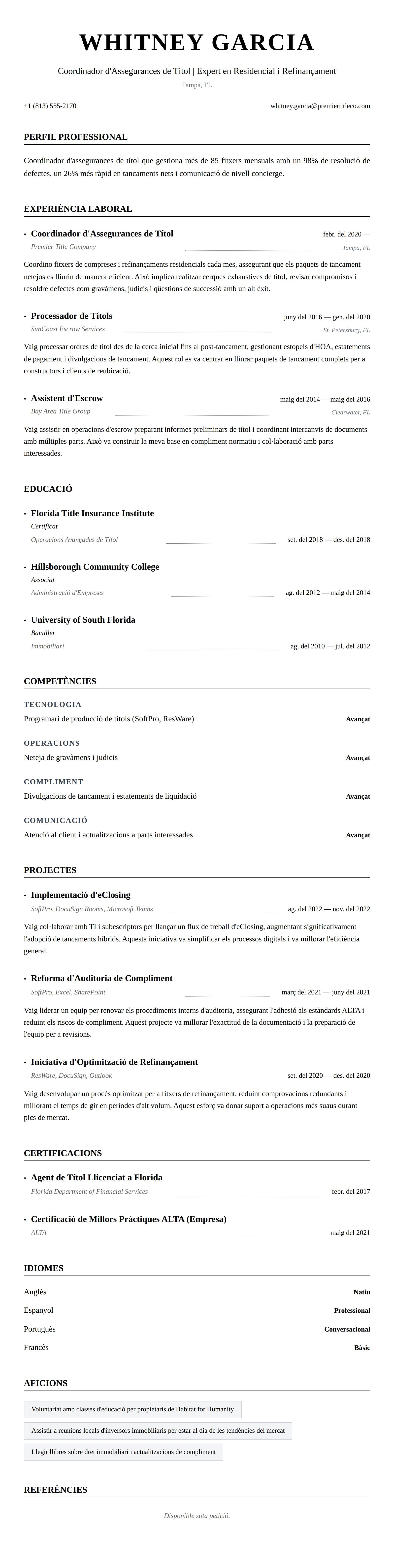 Previsualització del currículum per a Exemple de Currículum de Coordinador d'Assegurances de Títol
