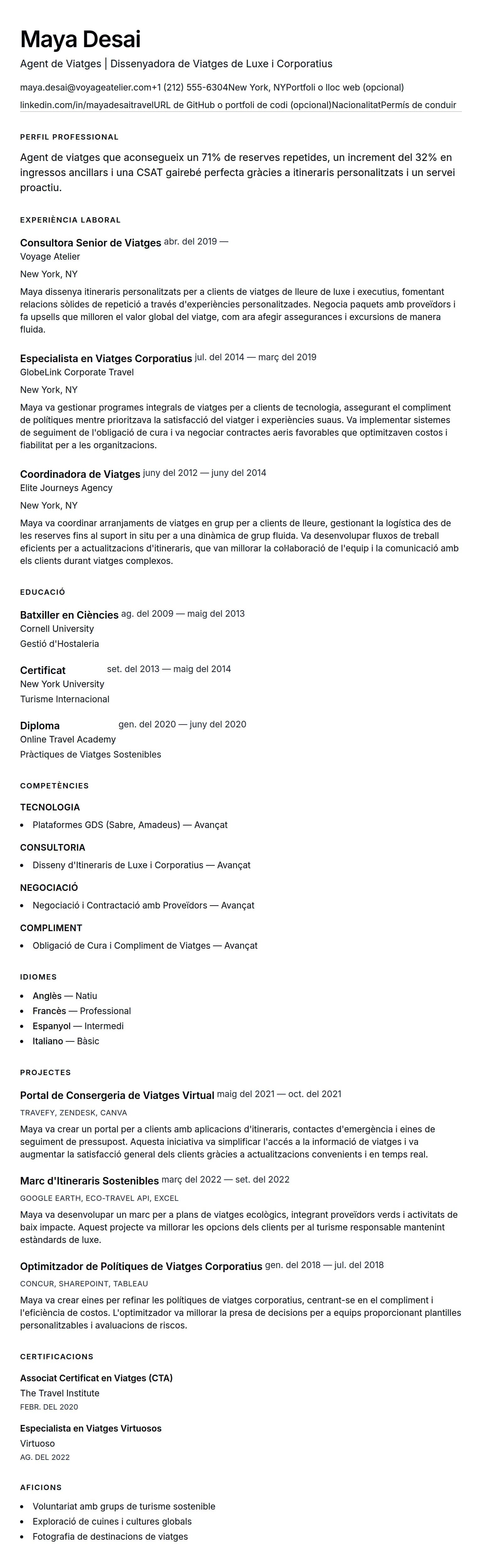 Exemple de Currículum d'Agent de Viatges