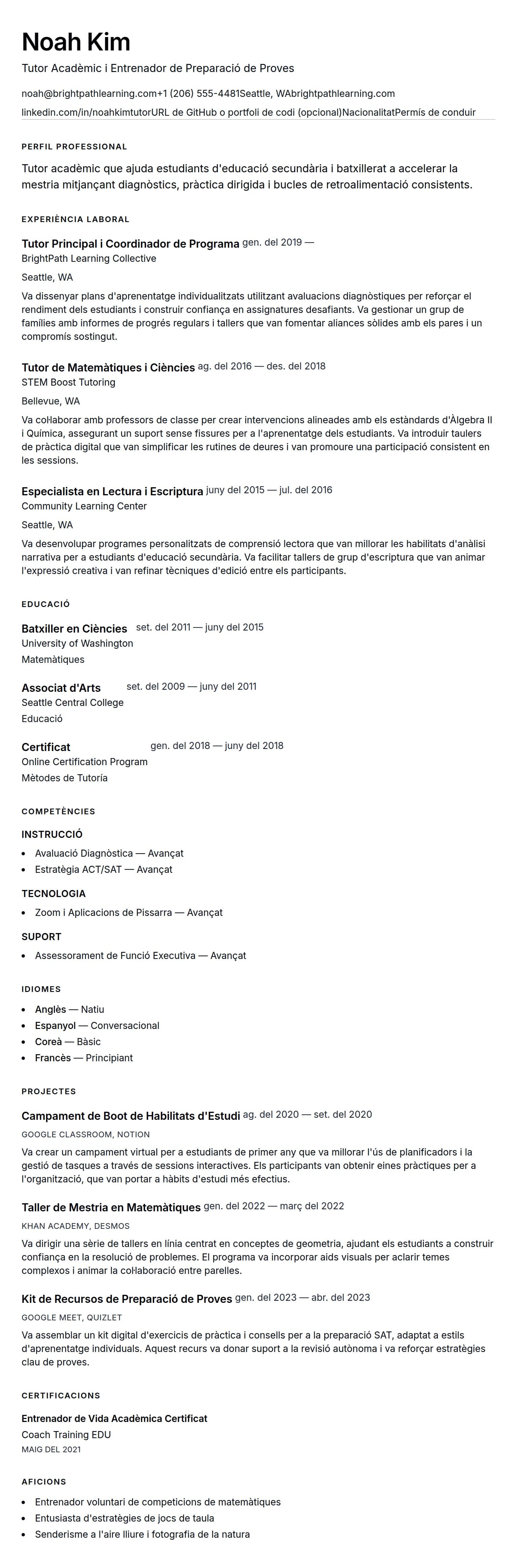 Previsualització del currículum per a Exemple de Currículum de Tutor