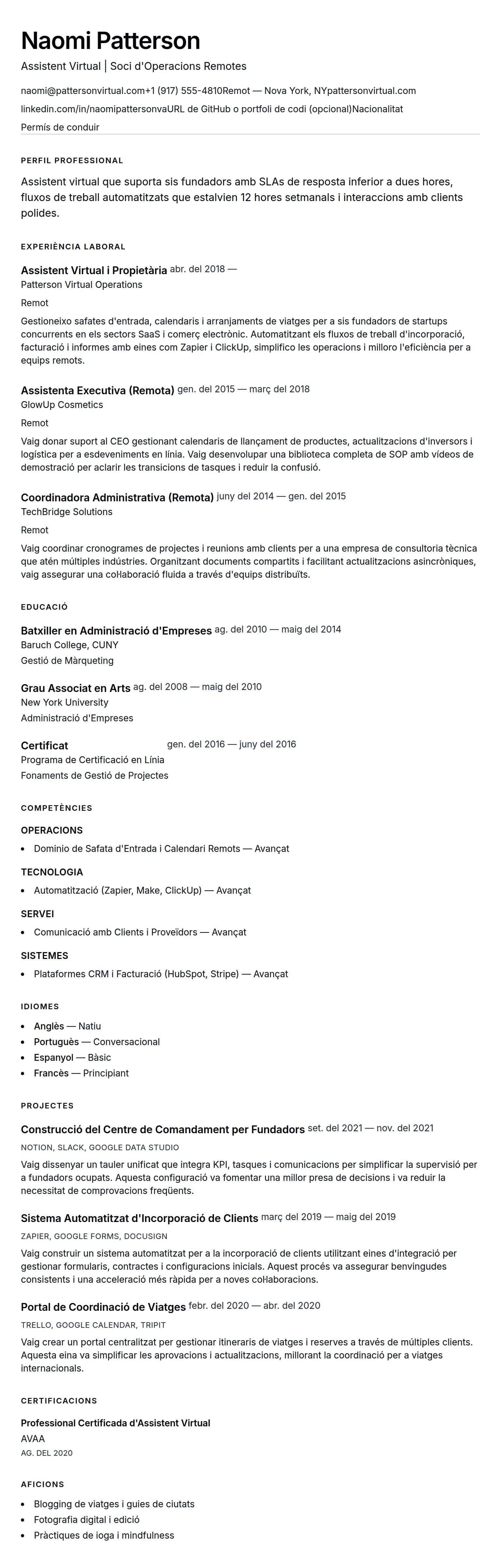 Previsualització del currículum per a Exemple de Currículum d'Assistent Virtual