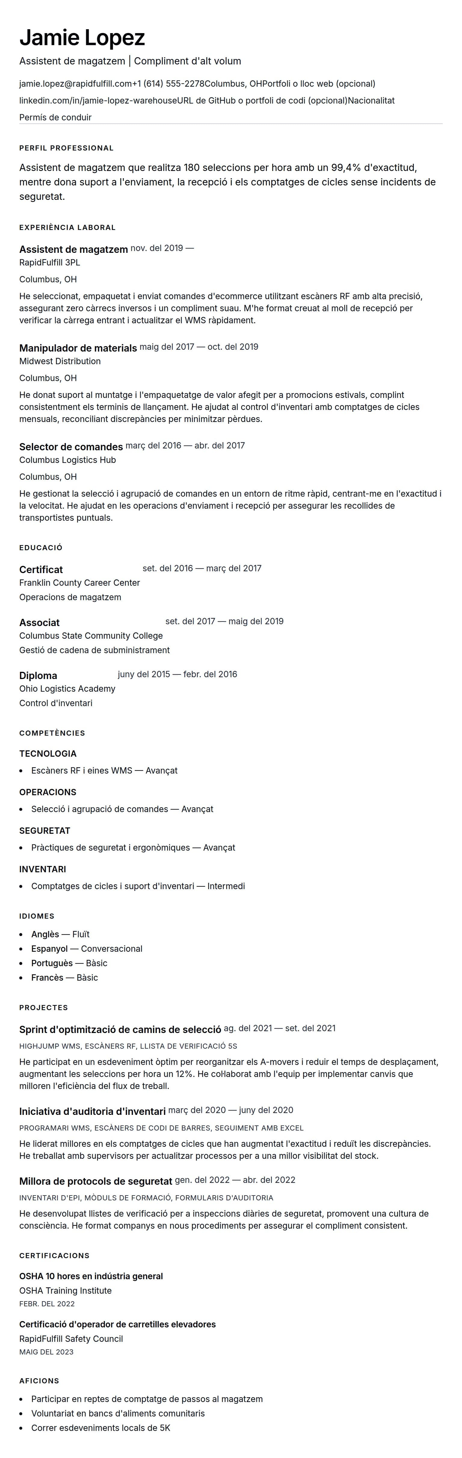 Previsualització del currículum per a Exemple de currículum de treballador de magatzem