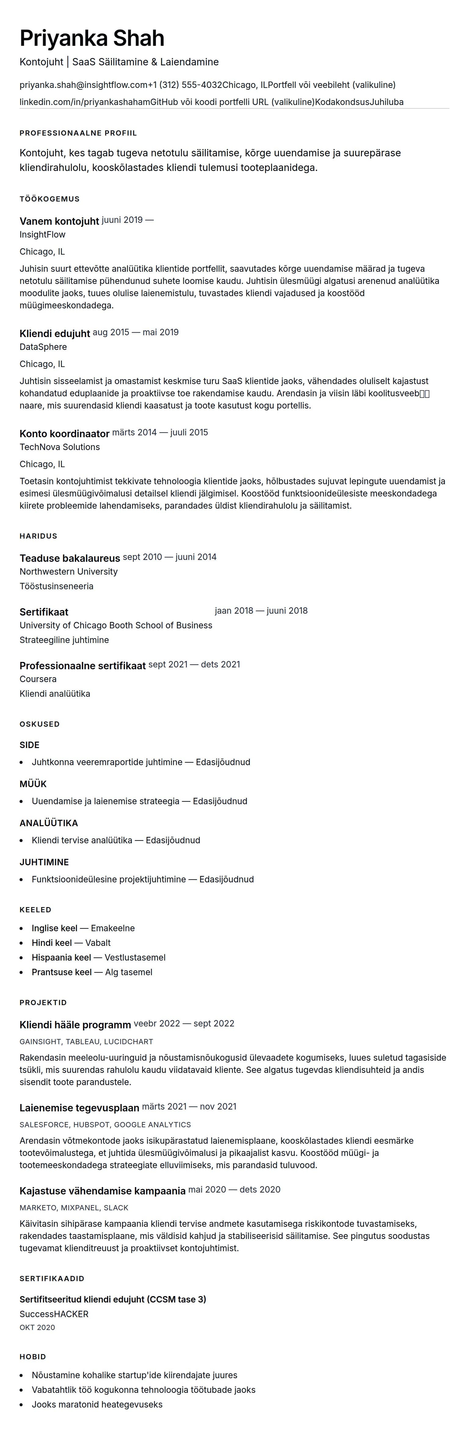 CV eelvaade Kontojuhi CV näidis jaoks