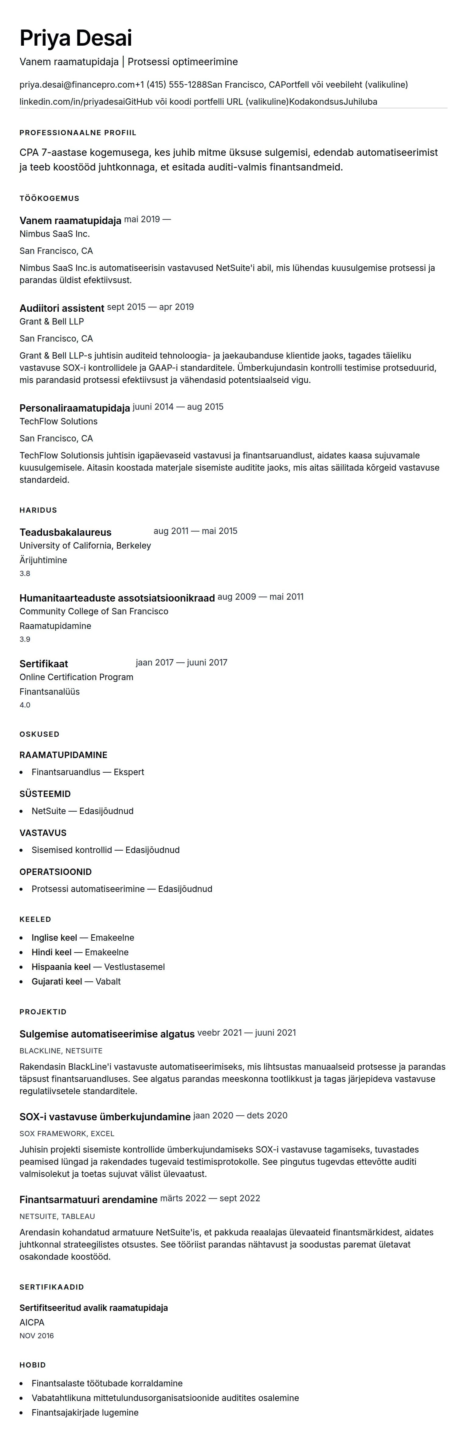 CV eelvaade Raamatupidaja CV näide jaoks