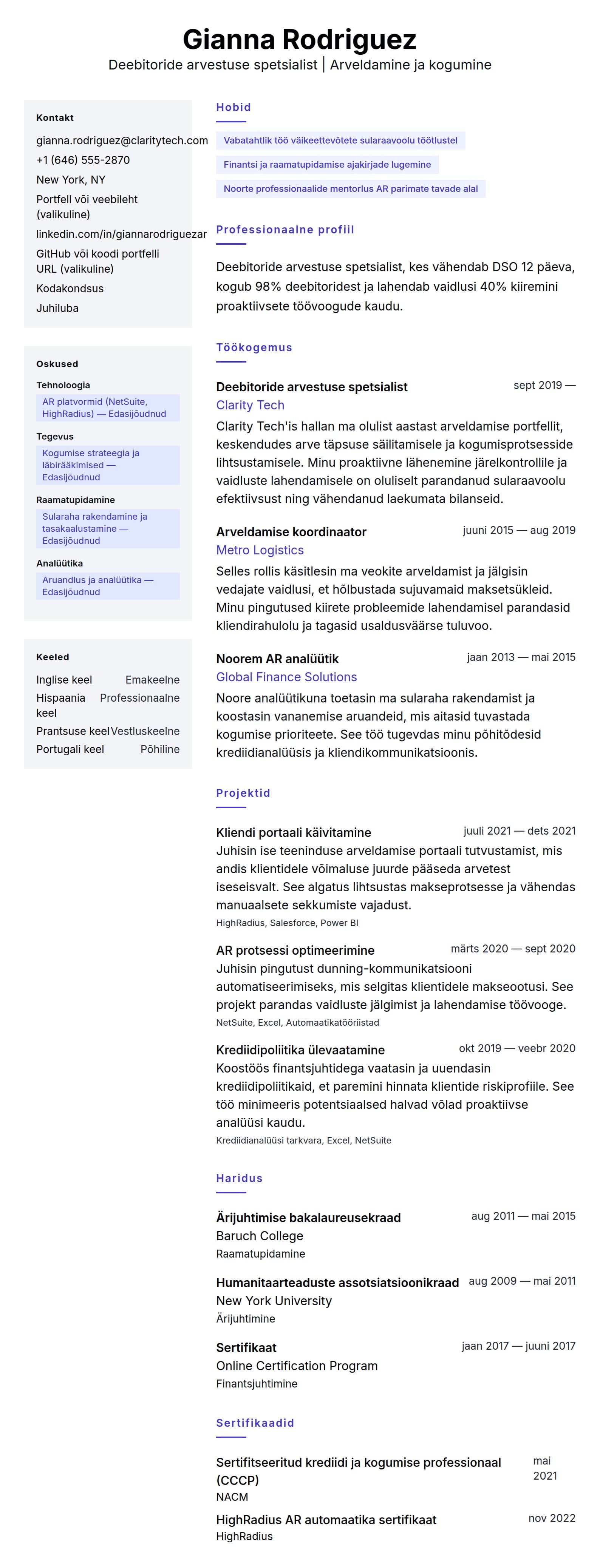 CV eelvaade Deebitoride arvestuse spetsialisti CV näide jaoks