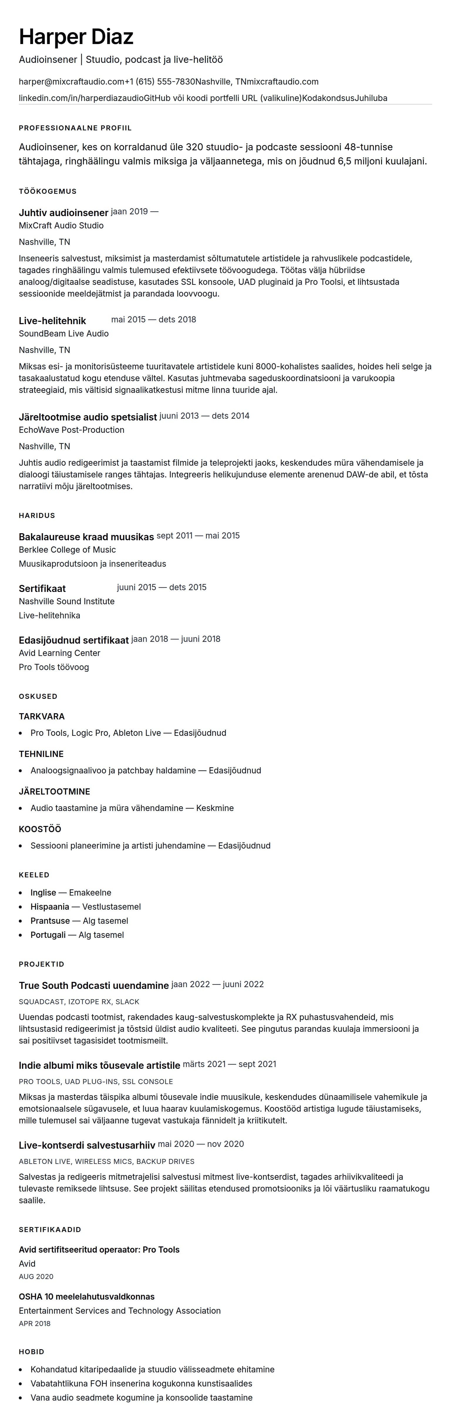 CV eelvaade Audioinseneri CV näide jaoks