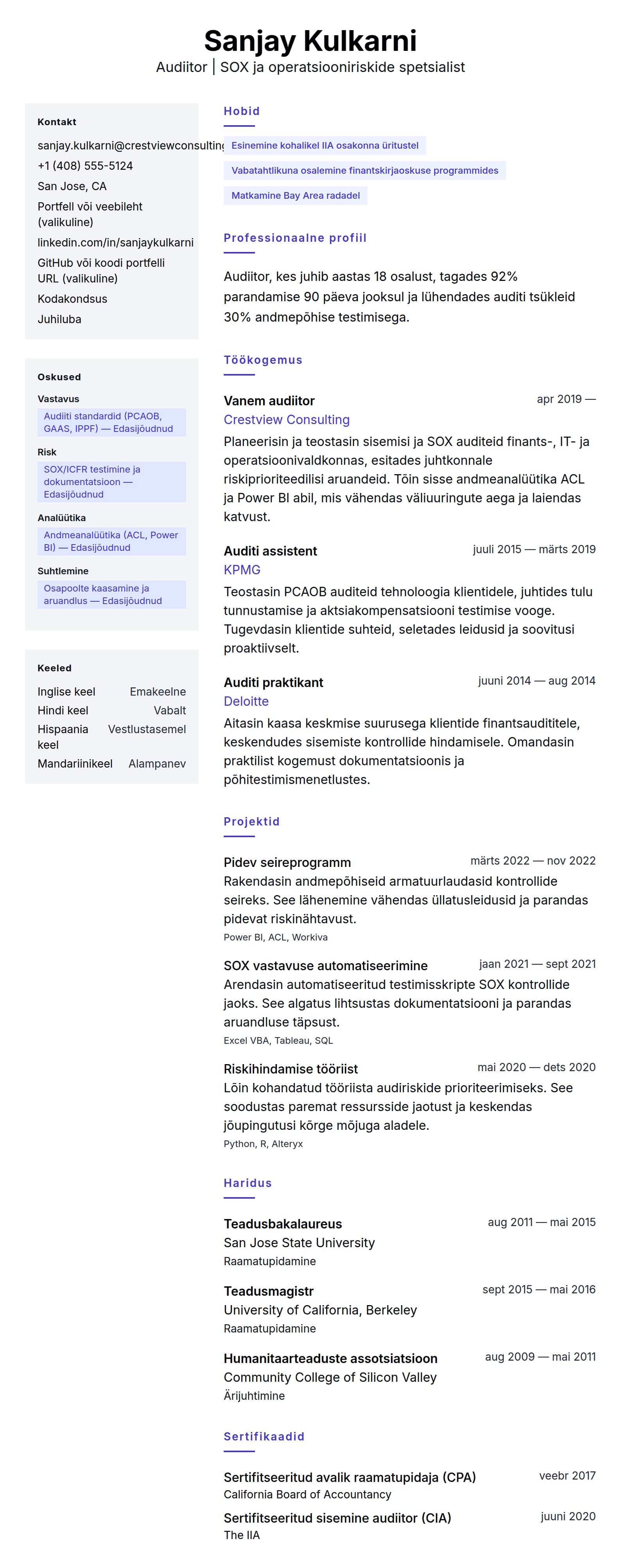 CV eelvaade Audiitori CV näide jaoks