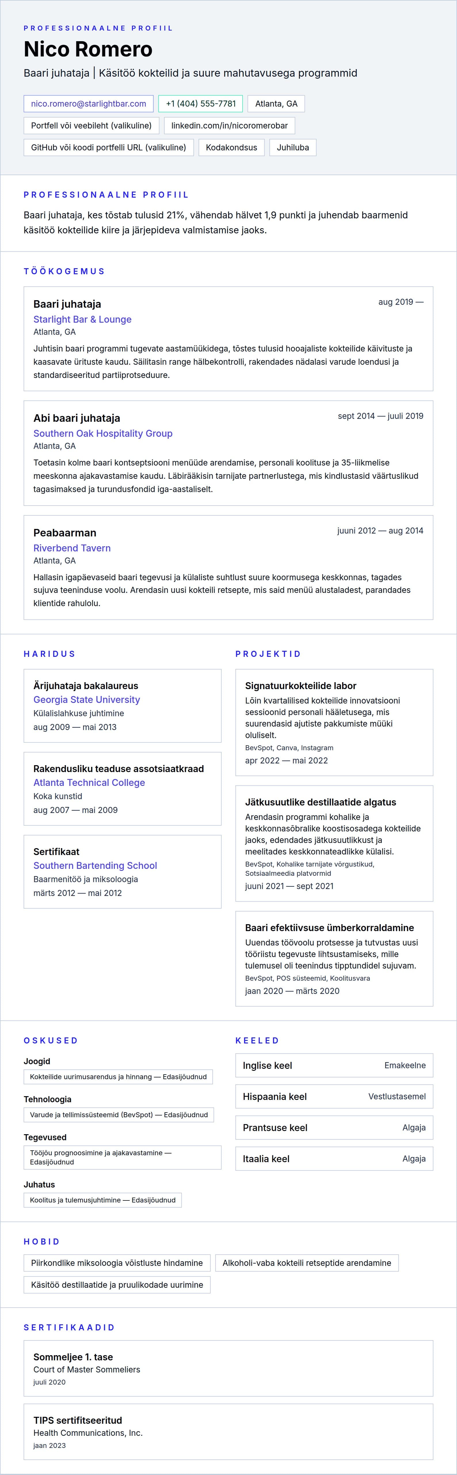CV eelvaade Baari juhataja CV näidis jaoks